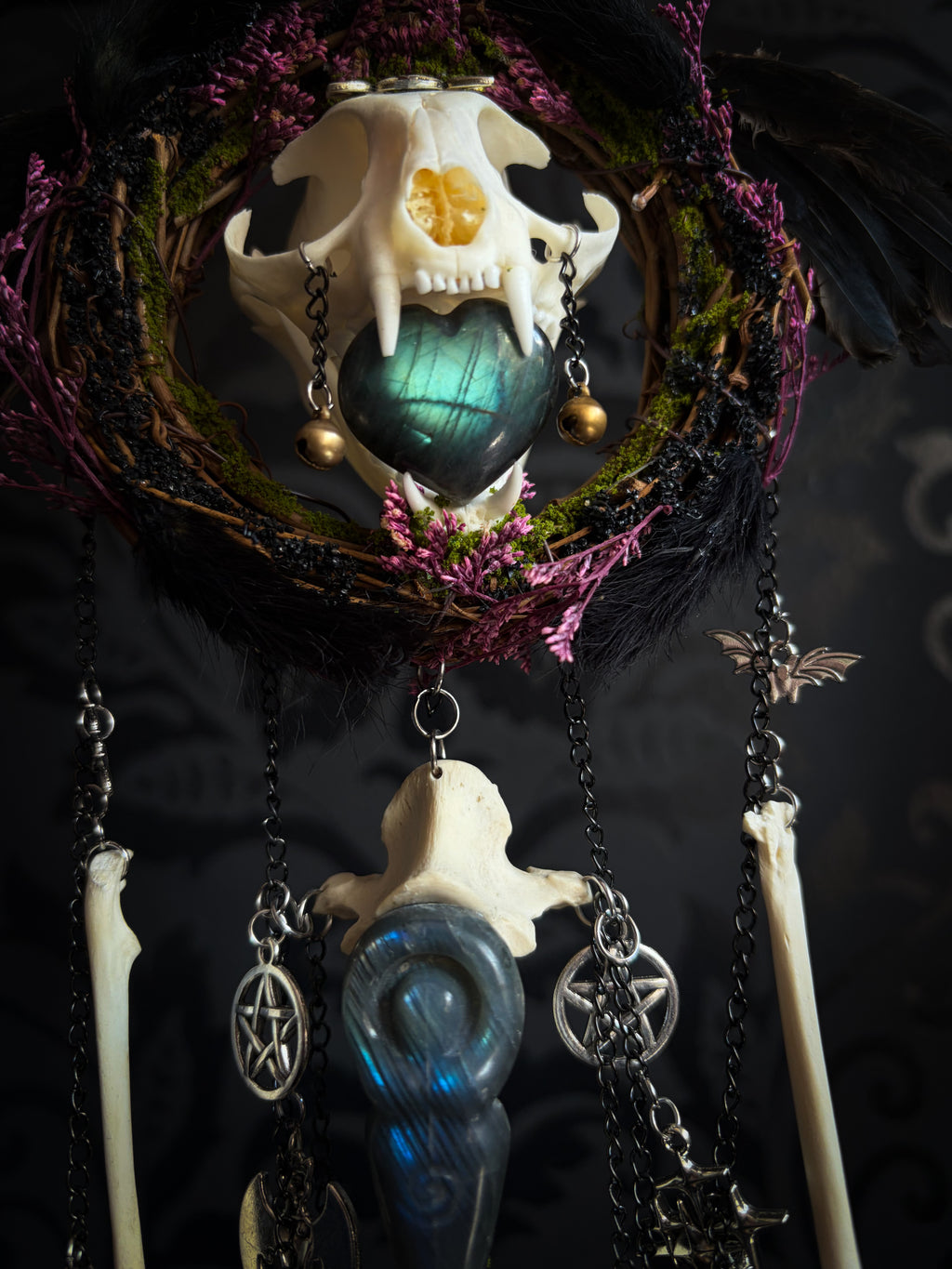 Witch Bell — handmade protective witch bells, made to order. Unique ritual charm with metal bells, bones and symbolic elements, designed for doorways, altars and ritual spaces. Handcrafted occult decor by Morbid Oddities