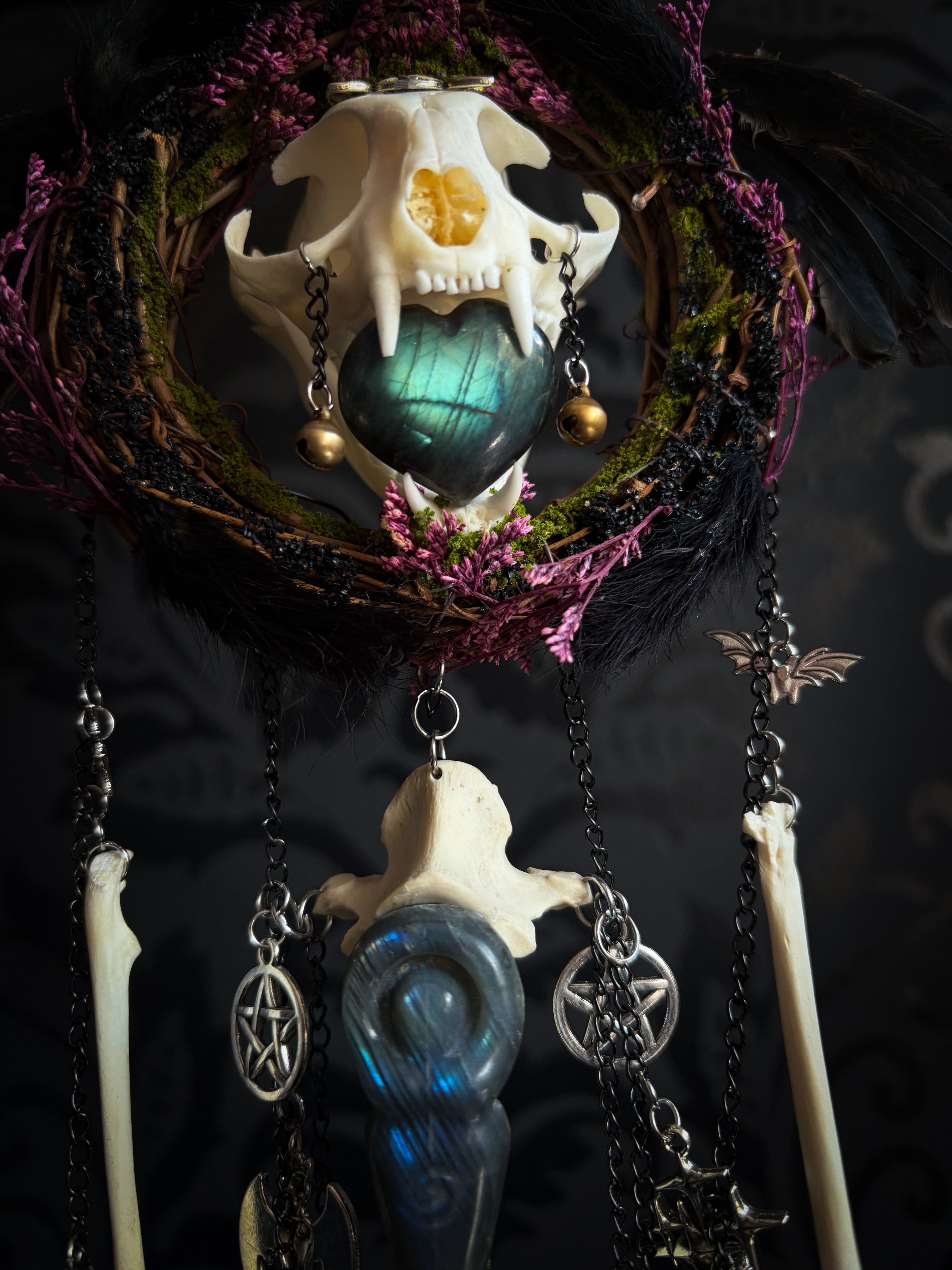 Witch Bell — handmade protective witch bells, made to order. Unique ritual charm with metal bells, bones and symbolic elements, designed for doorways, altars and ritual spaces. Handcrafted occult decor by Morbid Oddities
