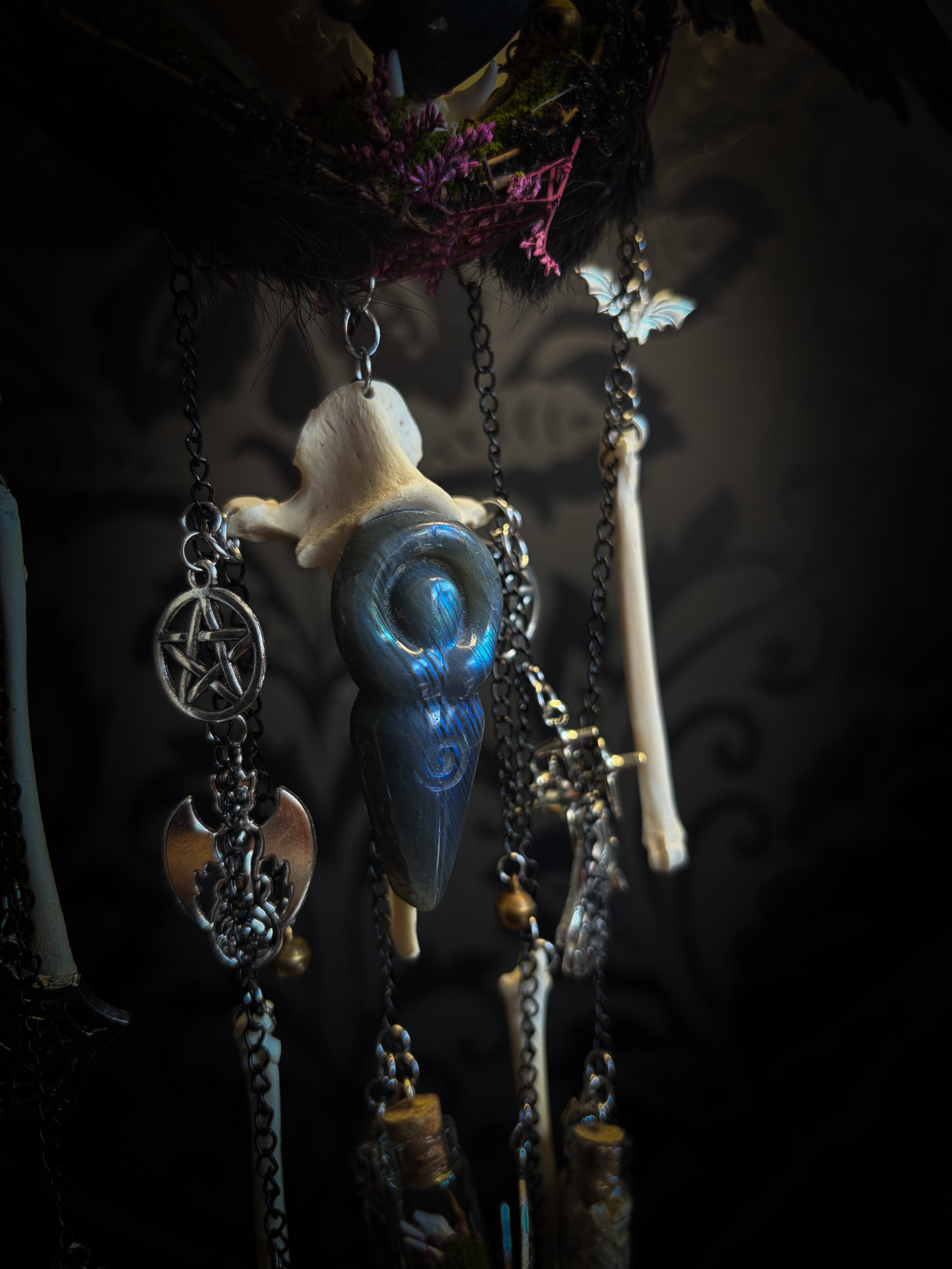 Witch Bell — handmade protective witch bells, made to order. Unique ritual charm with metal bells, bones and symbolic elements, designed for doorways, altars and ritual spaces. Handcrafted occult decor by Morbid Oddities