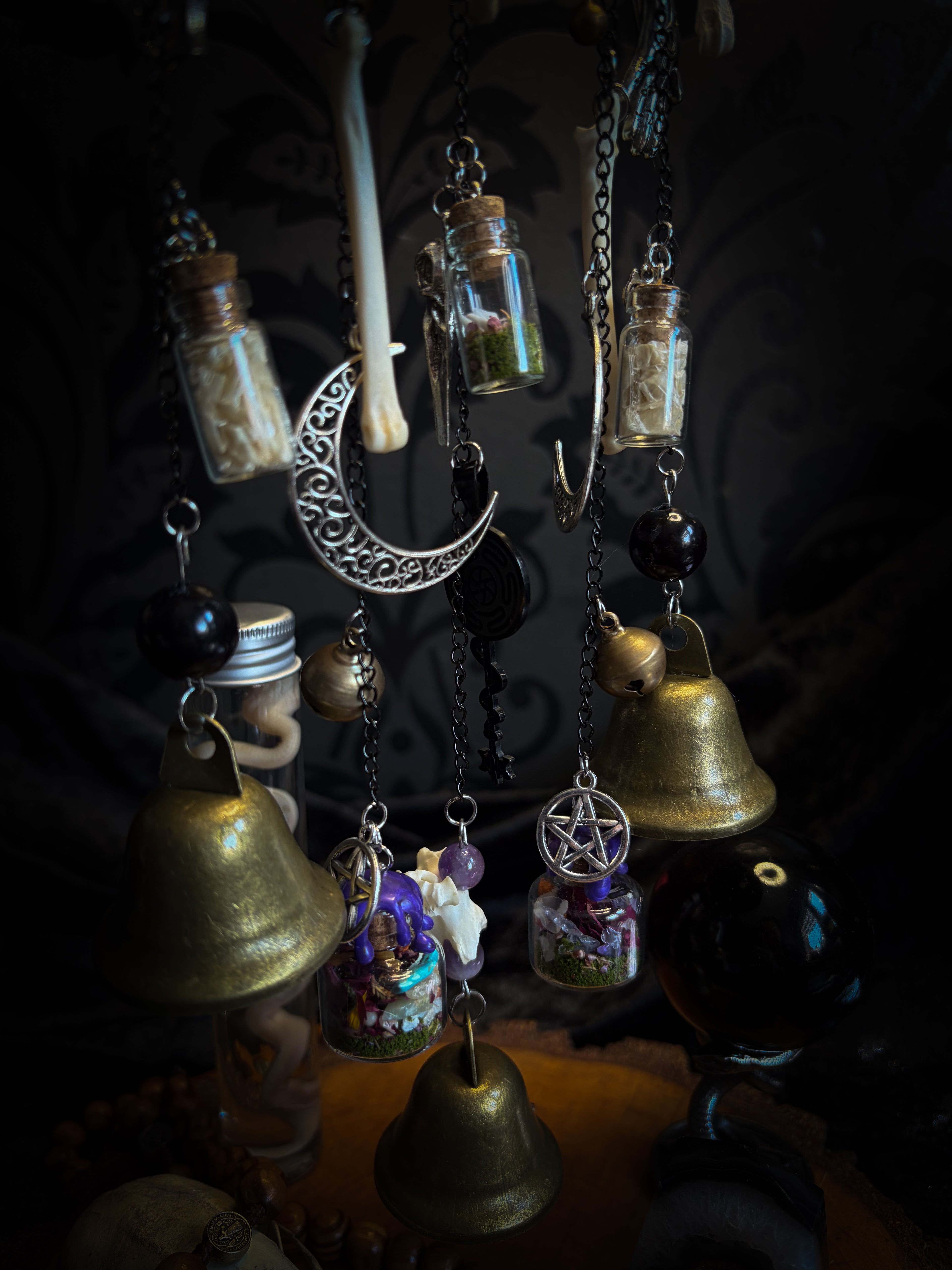 Witch Bell — handmade protective witch bells, made to order. Unique ritual charm with metal bells, bones and symbolic elements, designed for doorways, altars and ritual spaces. Handcrafted occult decor by Morbid Oddities