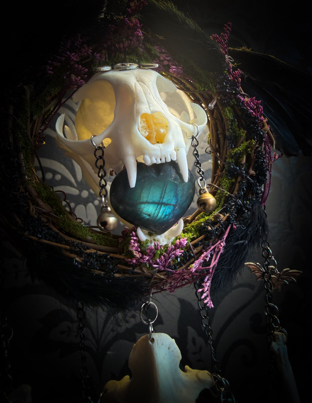 Witch Bell — handmade protective witch bells, made to order. Unique ritual charm with metal bells, bones and symbolic elements, designed for doorways, altars and ritual spaces. Handcrafted occult decor by Morbid Oddities