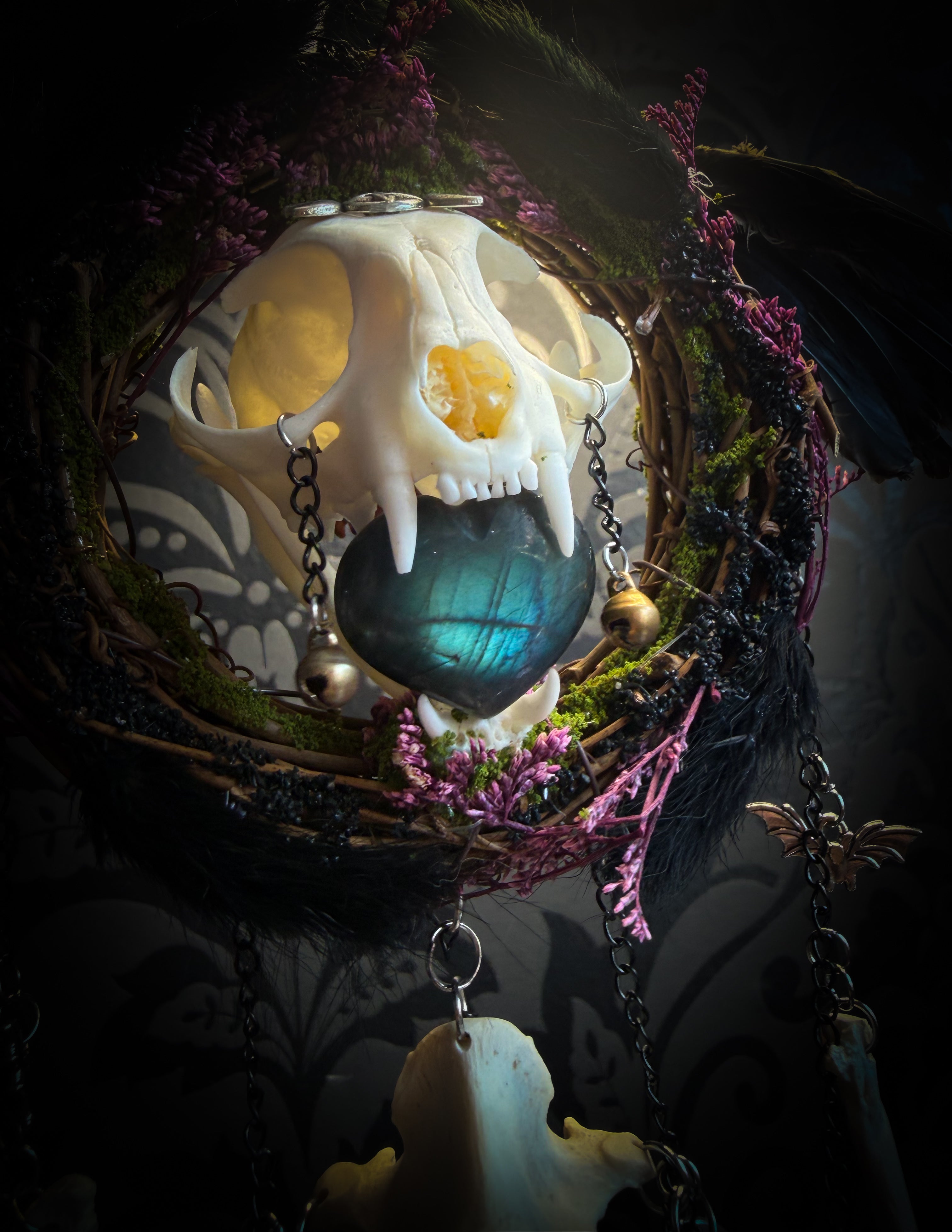Witch Bell — handmade protective witch bells, made to order. Unique ritual charm with metal bells, bones and symbolic elements, designed for doorways, altars and ritual spaces. Handcrafted occult decor by Morbid Oddities