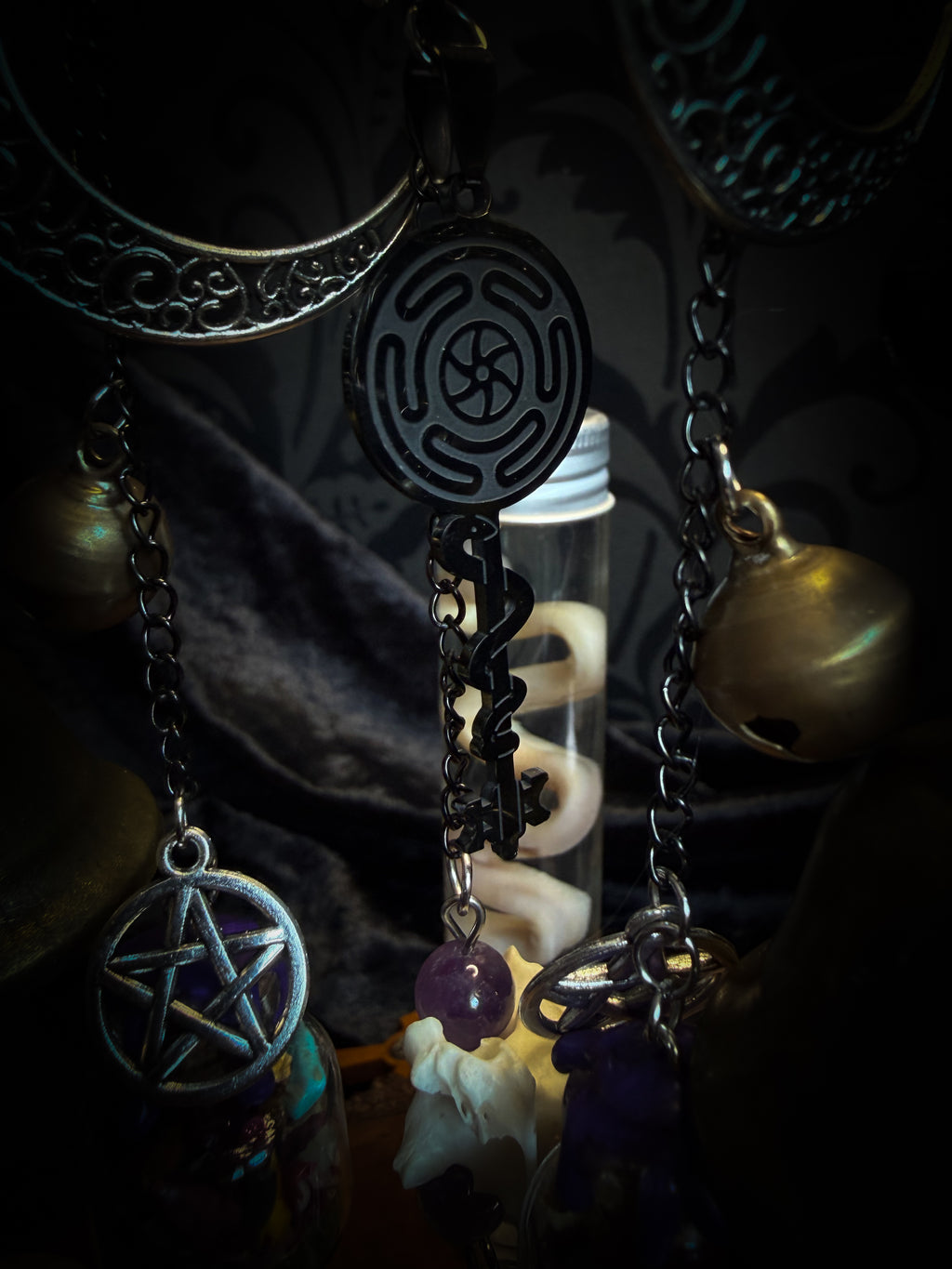 Witch Bell — handmade protective witch bells, made to order. Unique ritual charm with metal bells, bones and symbolic elements, designed for doorways, altars and ritual spaces. Handcrafted occult decor by Morbid Oddities