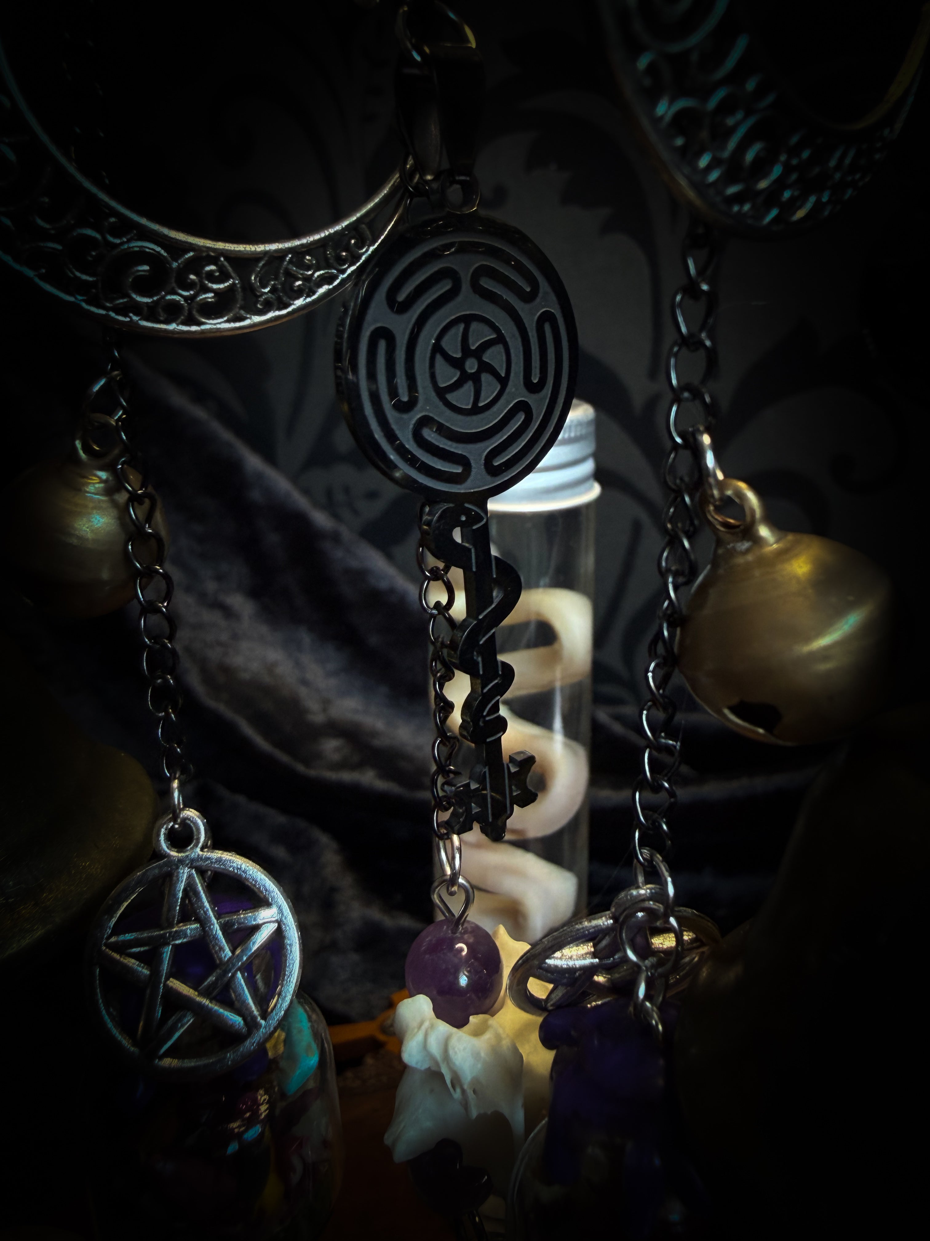 Witch Bell — handmade protective witch bells, made to order. Unique ritual charm with metal bells, bones and symbolic elements, designed for doorways, altars and ritual spaces. Handcrafted occult decor by Morbid Oddities