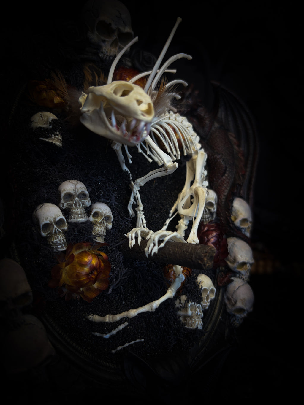 Handmade gothic wall decor — hand-assembled real bone dragon skeleton with turtle skull, hand-cast gothic frame with dragons and skull motifs, 25x20cm