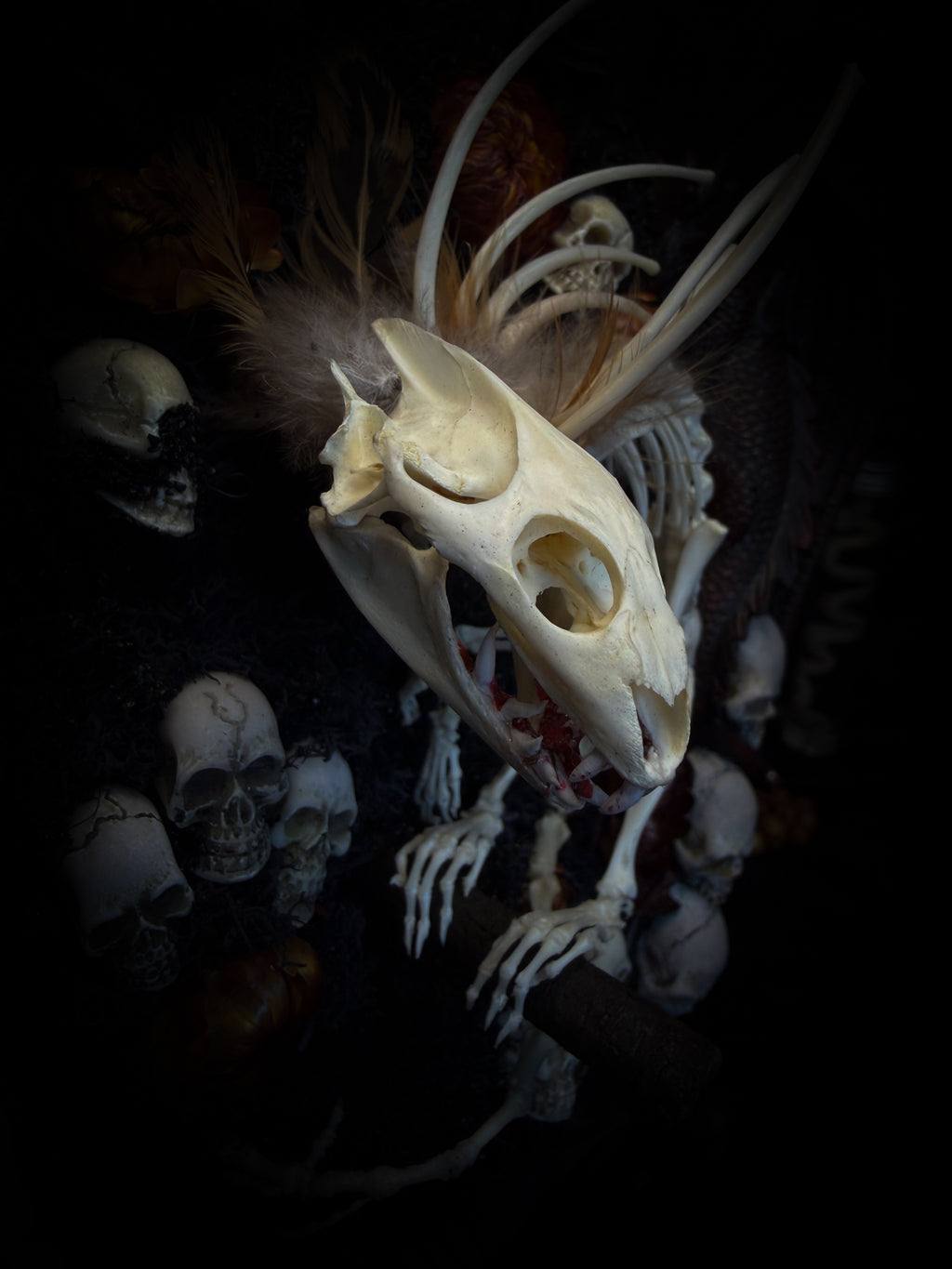 Handmade gothic wall decor — hand-assembled real bone dragon skeleton with turtle skull, hand-cast gothic frame with dragons and skull motifs, 25x20cm