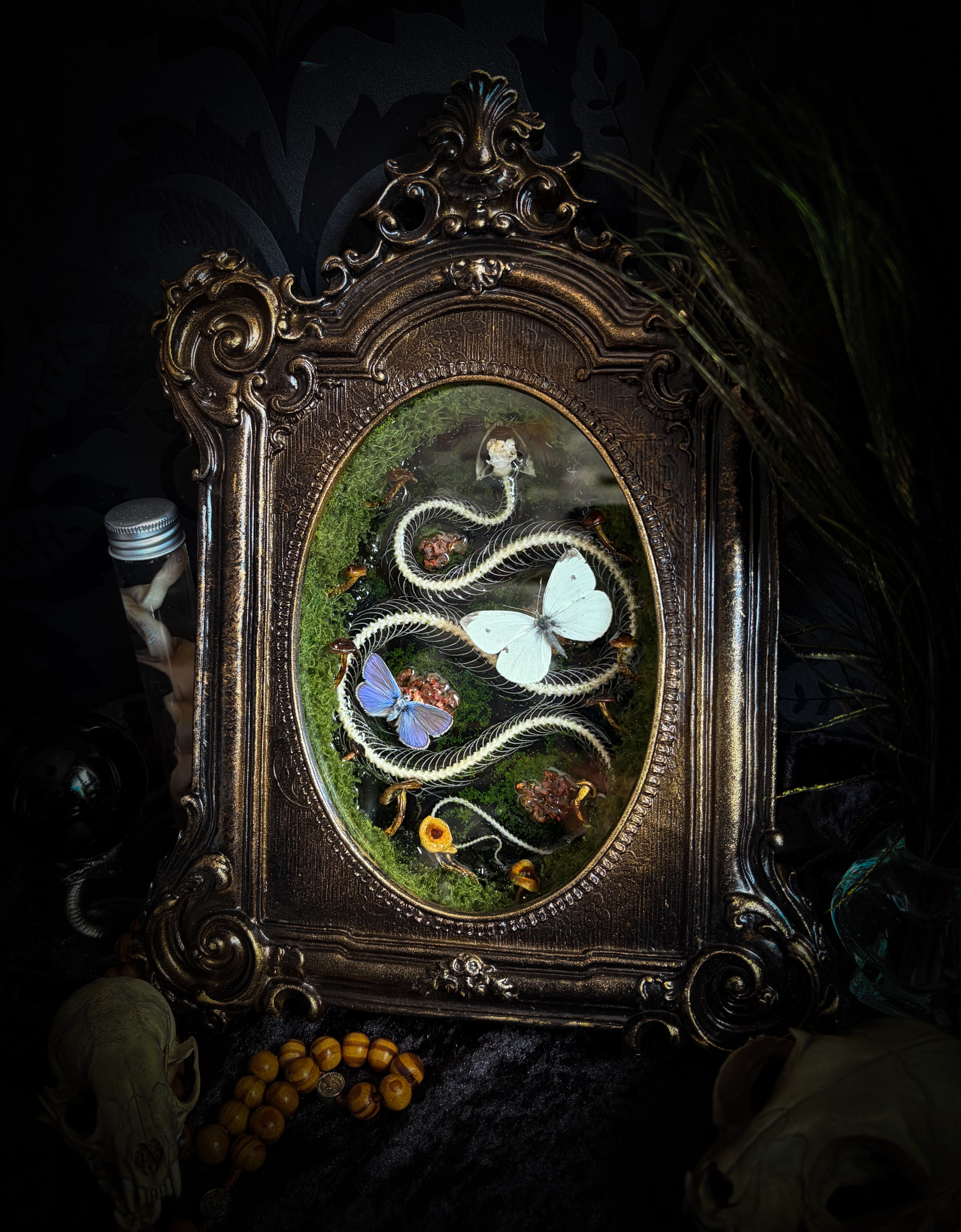 Handmade gothic shadowbox — real snake skeleton with preserved butterflies, moss and dried flowers, ornate baroque frame with aged gold finish, 22x30cm