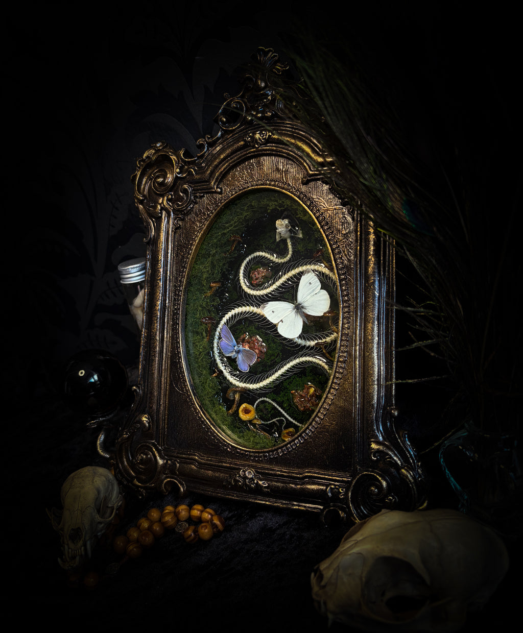 Handmade gothic shadowbox — real snake skeleton with preserved butterflies, moss and dried flowers, ornate baroque frame with aged gold finish, 22x30cm
