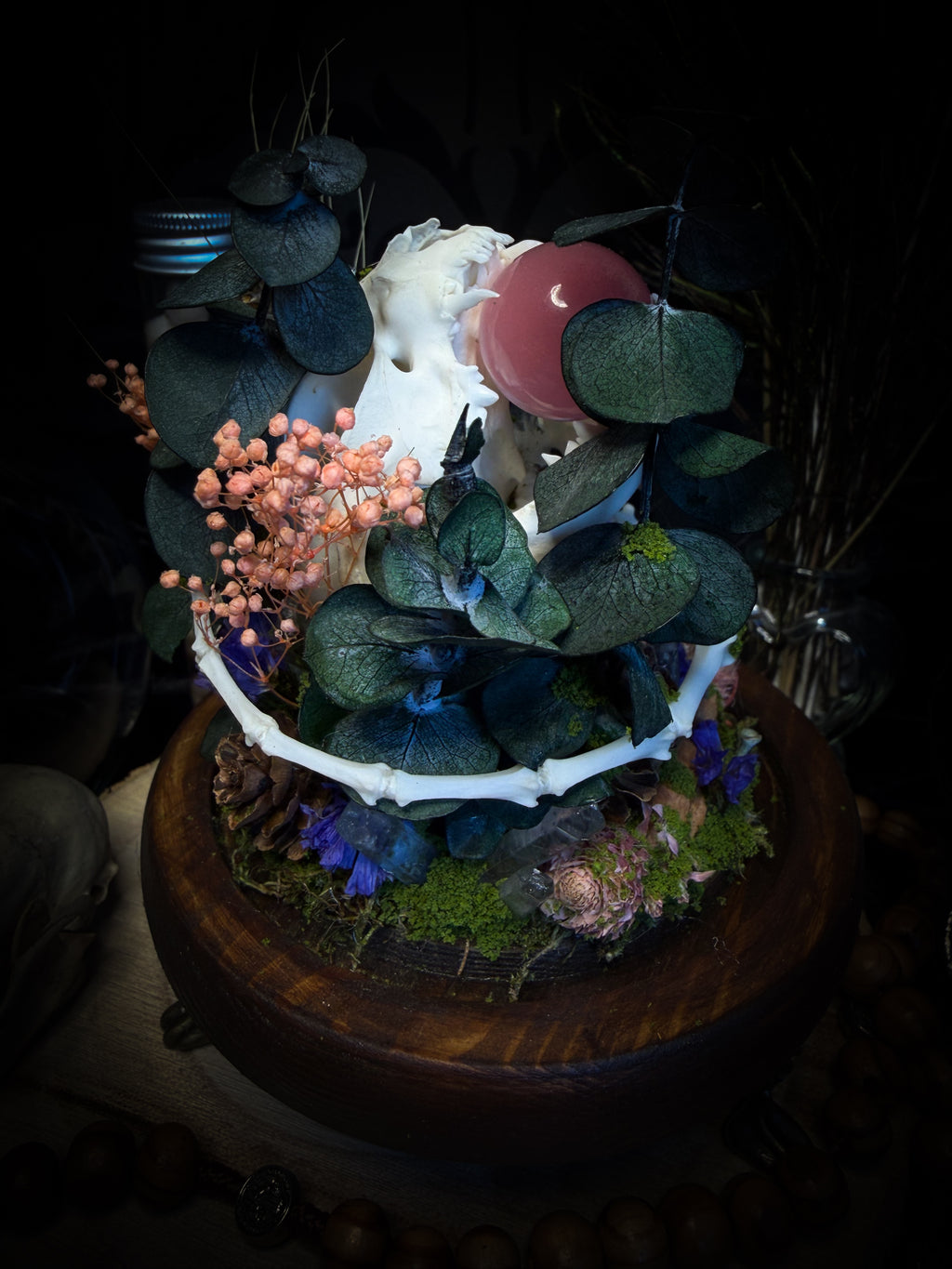 Handmade woodland shadowbox — kitten skull with pink quartz in glass dome, moss, dried flowers and crystals, fairytale gothic decor, 18x16cm