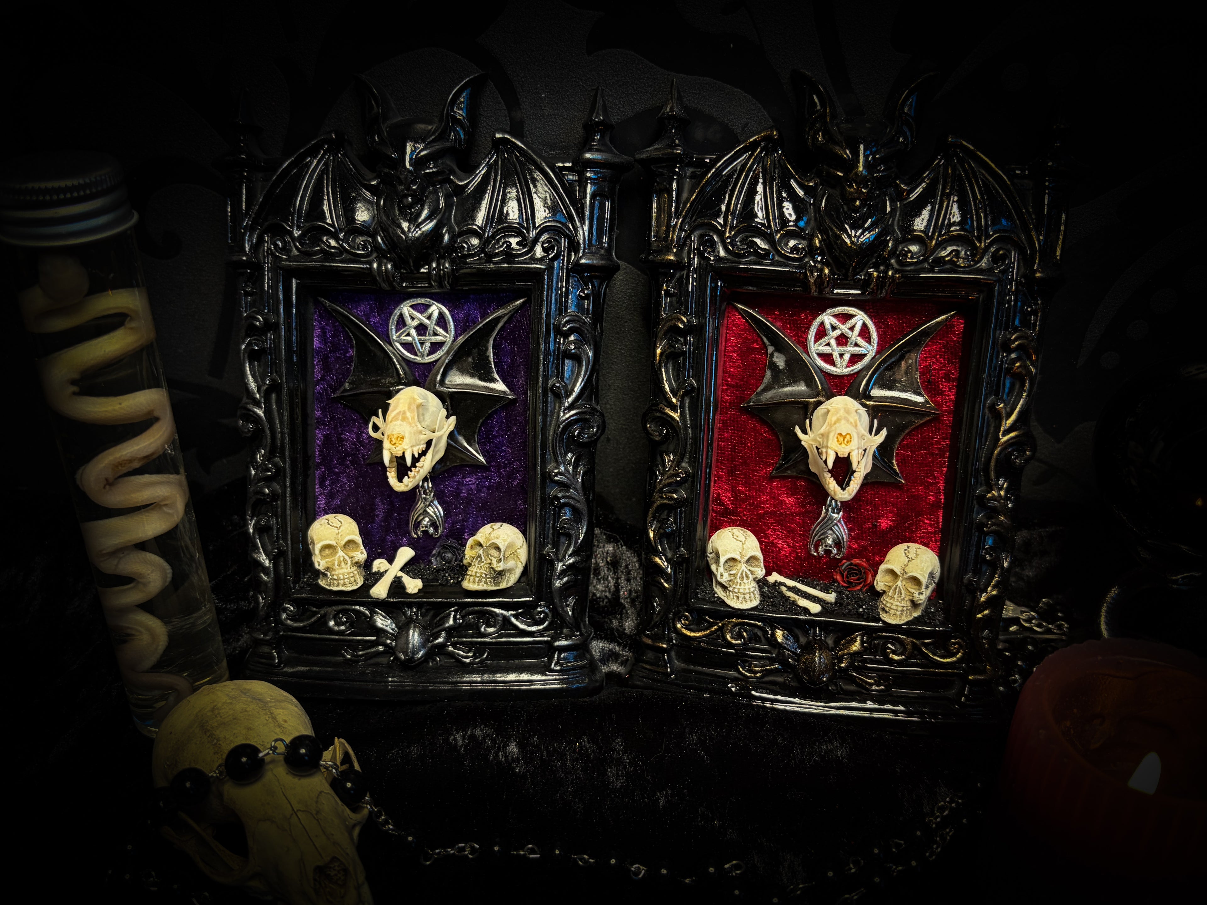 Violet Hex — handmade gothic wall relic, ready to ship. Real bat skull with hand-cast wings on violet crushed velvet in black and gold frame with sculpted bat, ornamental skulls, wax rose and pentagram details. One-of-a-kind dark decor, 16x11cm.