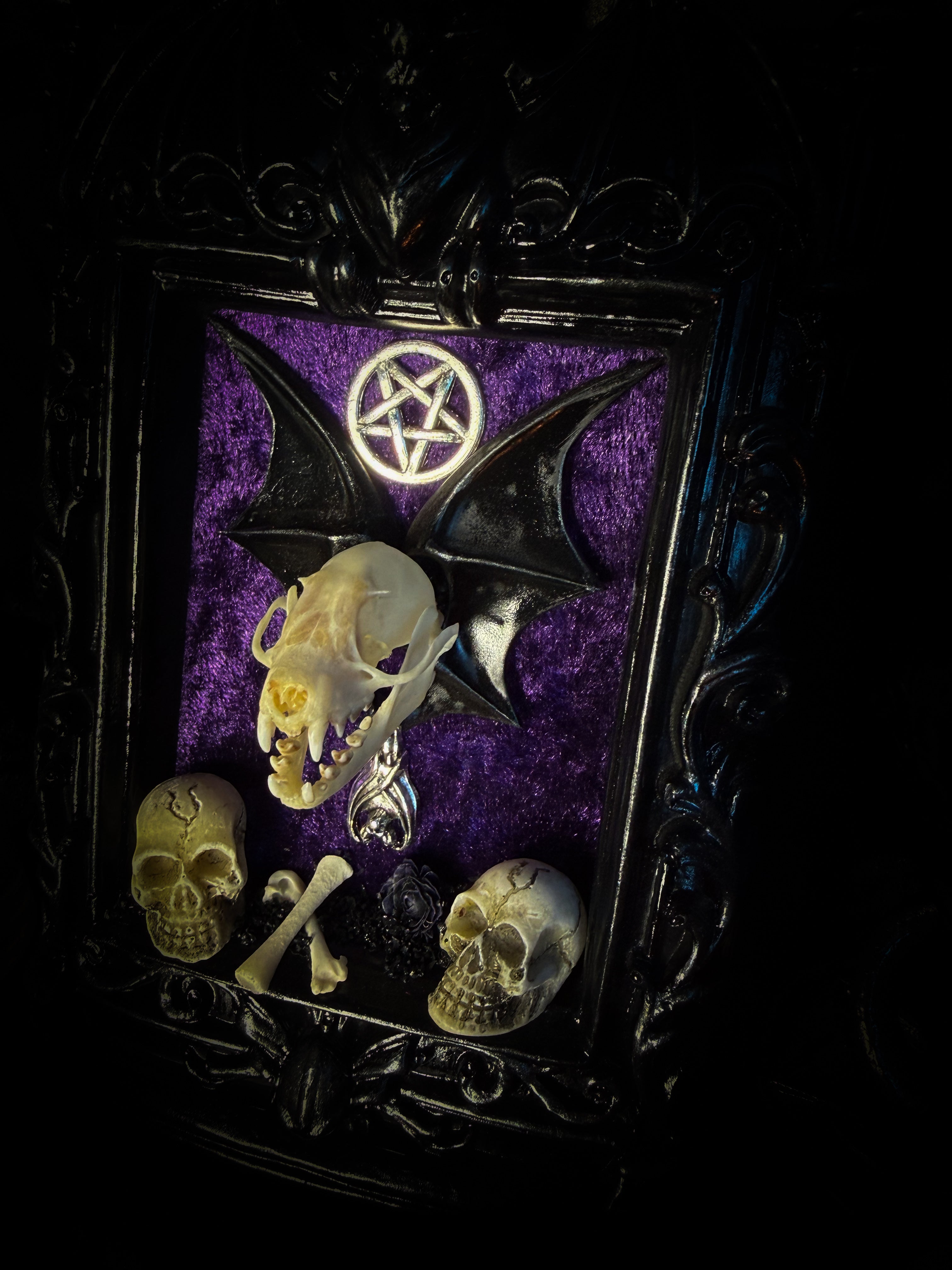 Violet Hex — handmade gothic wall relic, ready to ship. Real bat skull with hand-cast wings on violet crushed velvet in black and gold frame with sculpted bat, ornamental skulls, wax rose and pentagram details. One-of-a-kind dark decor, 16x11cm.