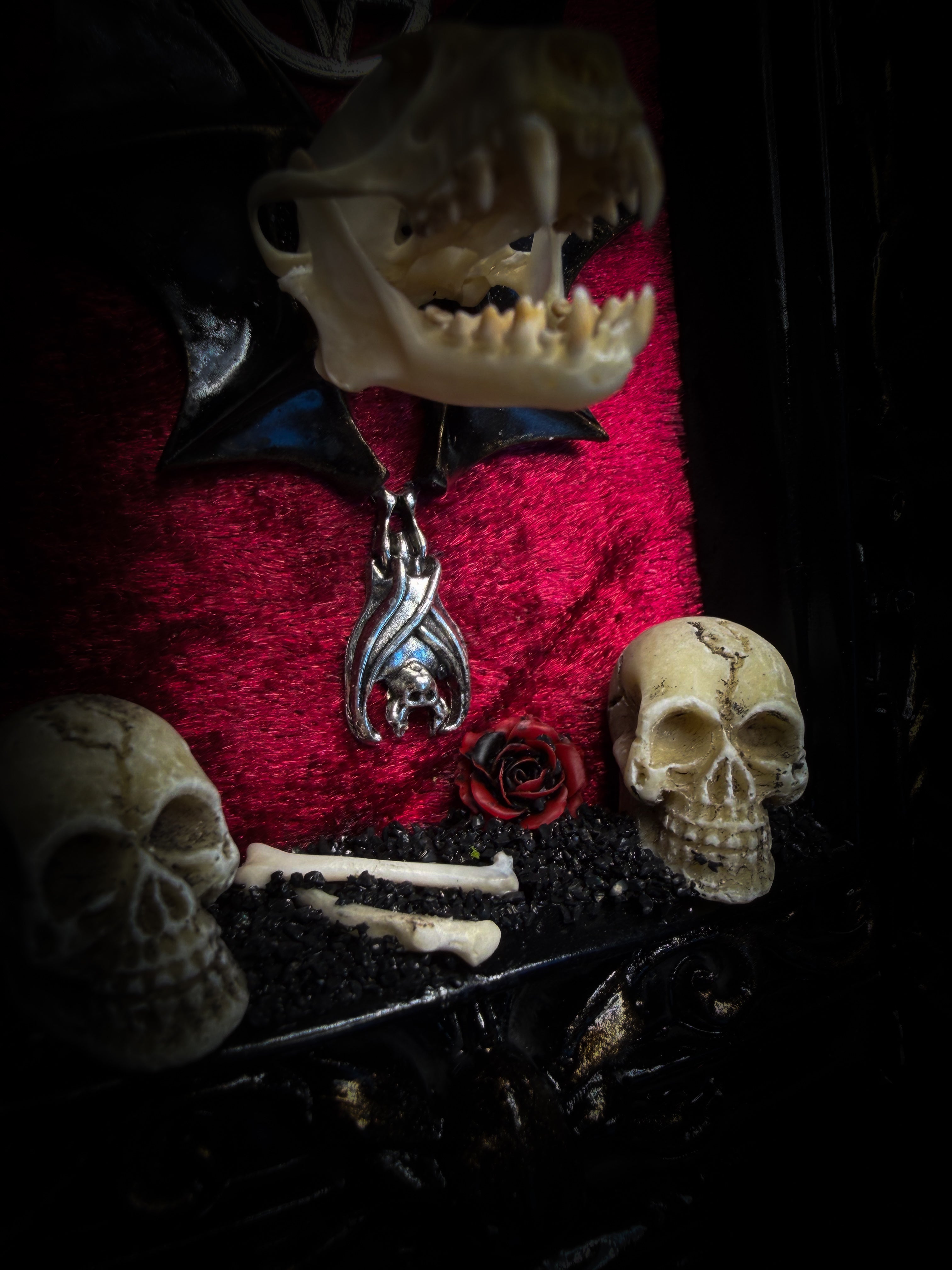 Crimson Ritual — handmade gothic wall relic, ready to ship. Real bat skull with hand-cast wings on crimson crushed velvet in black and gold frame with sculpted bat, ornamental skulls, wax rose and pentagram details. One-of-a-kind dark decor, 16x11cm.