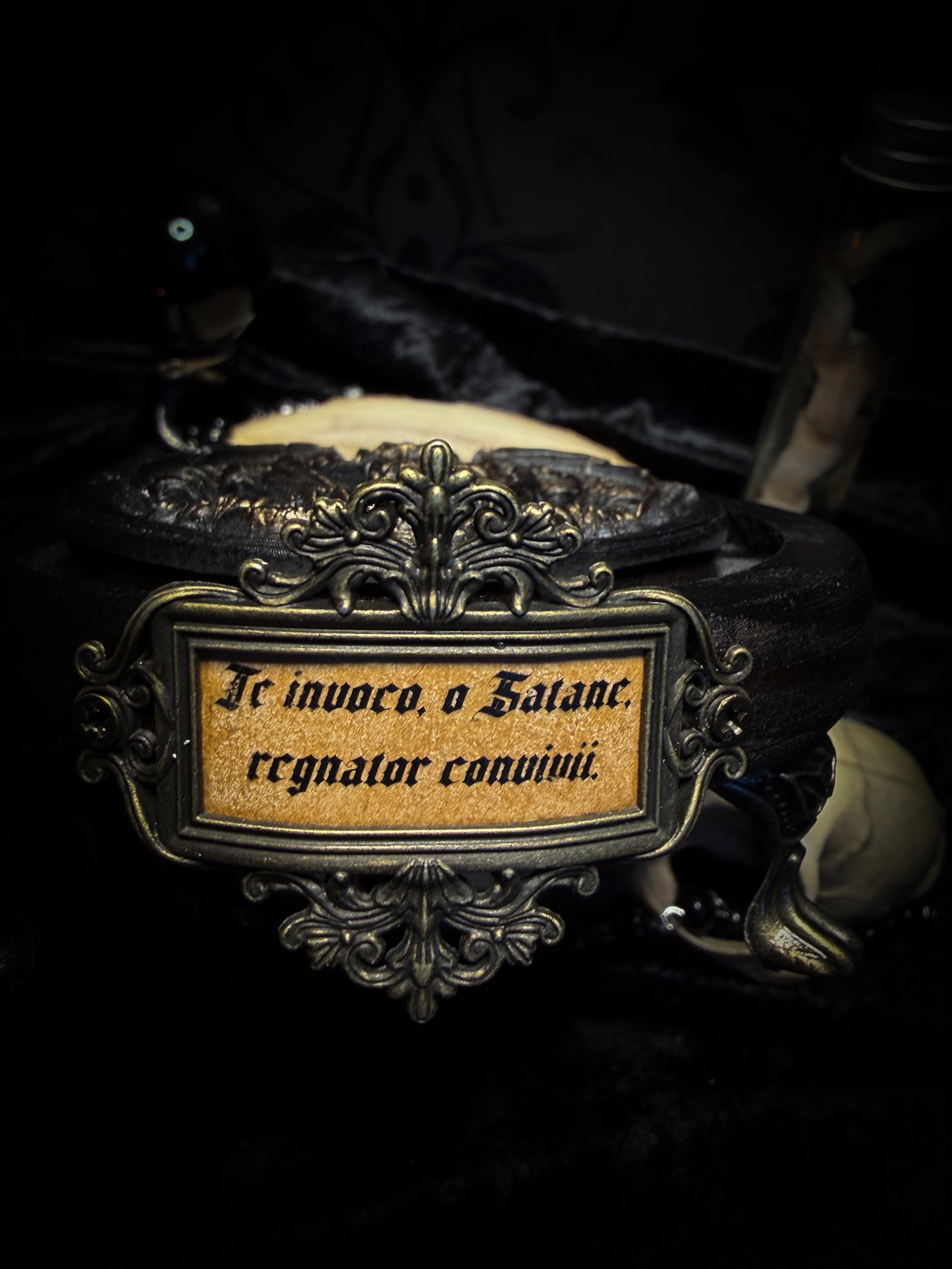 Fangtasia — handmade gothic glass dome display, ready to ship. Suspended bat skeleton under glass cloche with ornate sigil pendant, red glass eye and Latin inscription plaque, aged finish. One-of-a-kind occult decor, 12x24cm.
