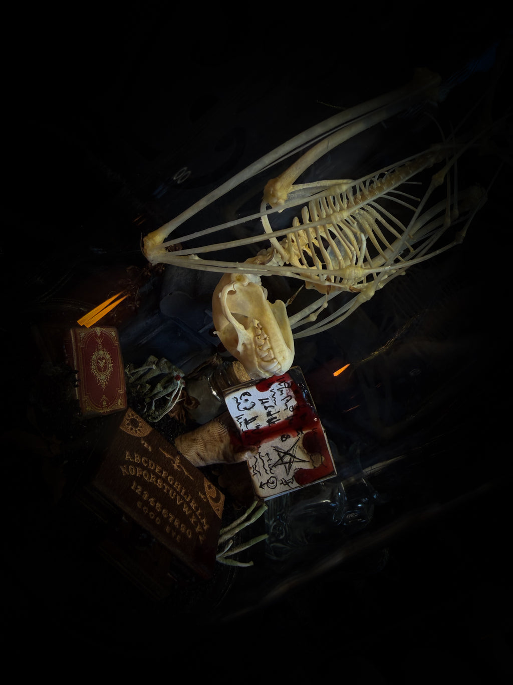 Handmade gothic occult display — bat skeleton in glass dome with Leviathan sigil, cemetery vignette with ouija board and necromancer book, 12x24cm