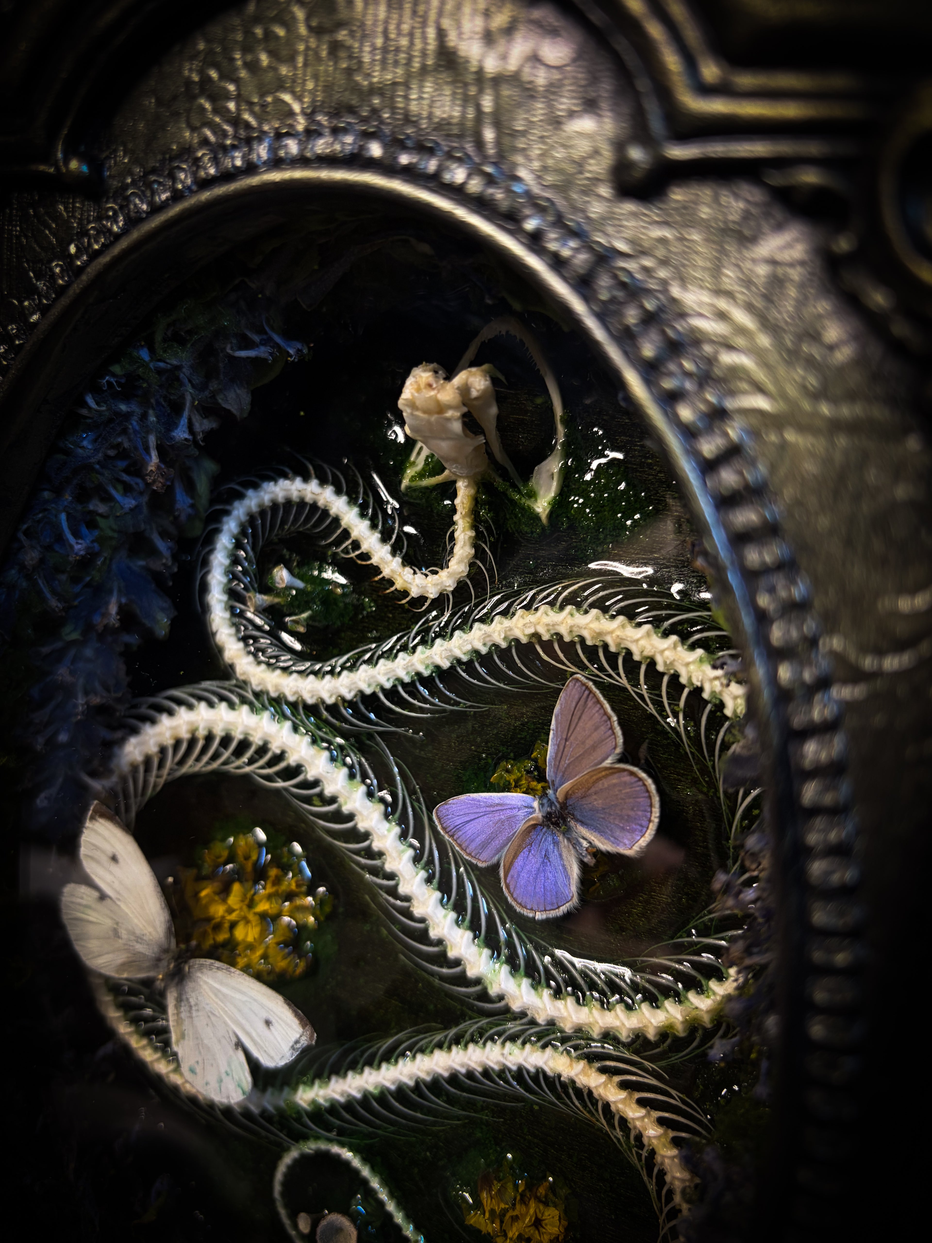 Decorative clock face with intricate designs of a snake, flowers, and butterflies.