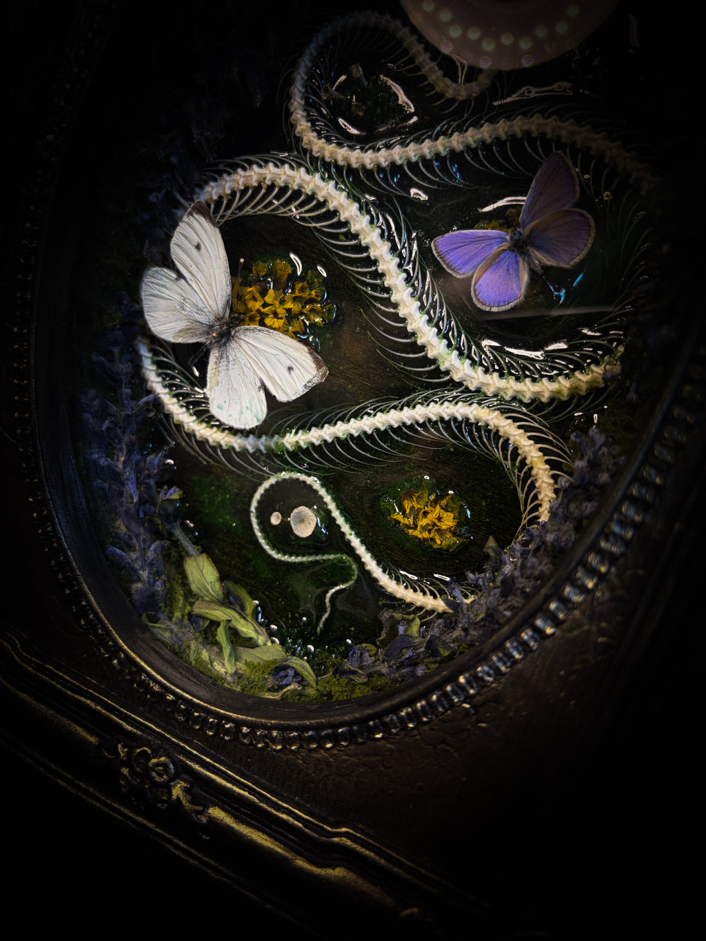 Decorative object with snake, butterfly, and floral elements on a dark background