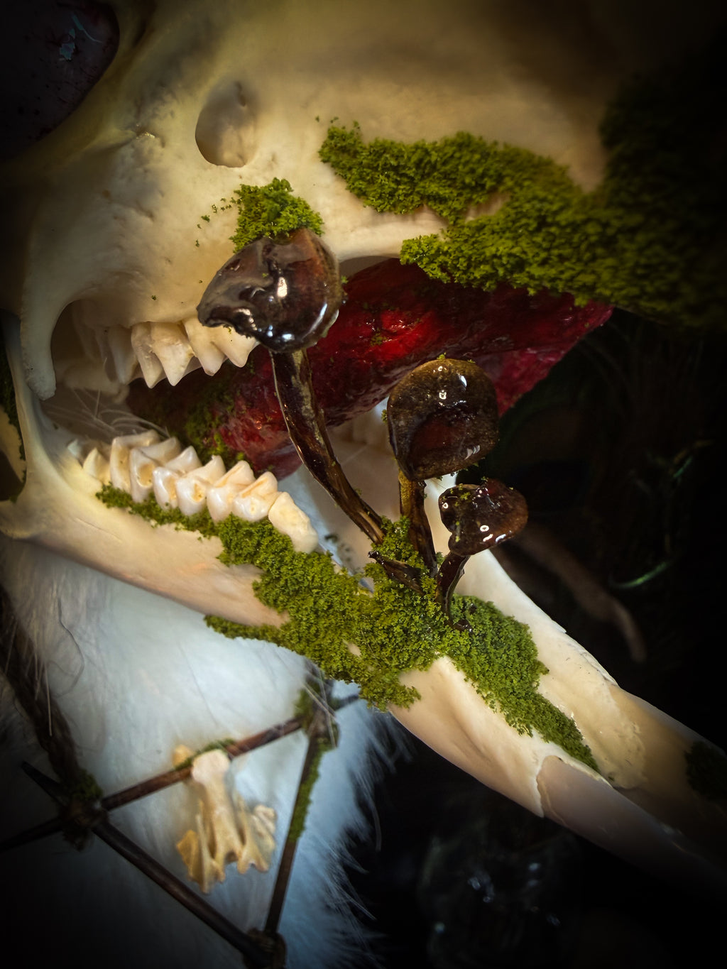 Spiritus Silvae handmade gothic art puppet — full view, suede body with roebuck horns, rabbit ears, bird talons and mushrooms on base