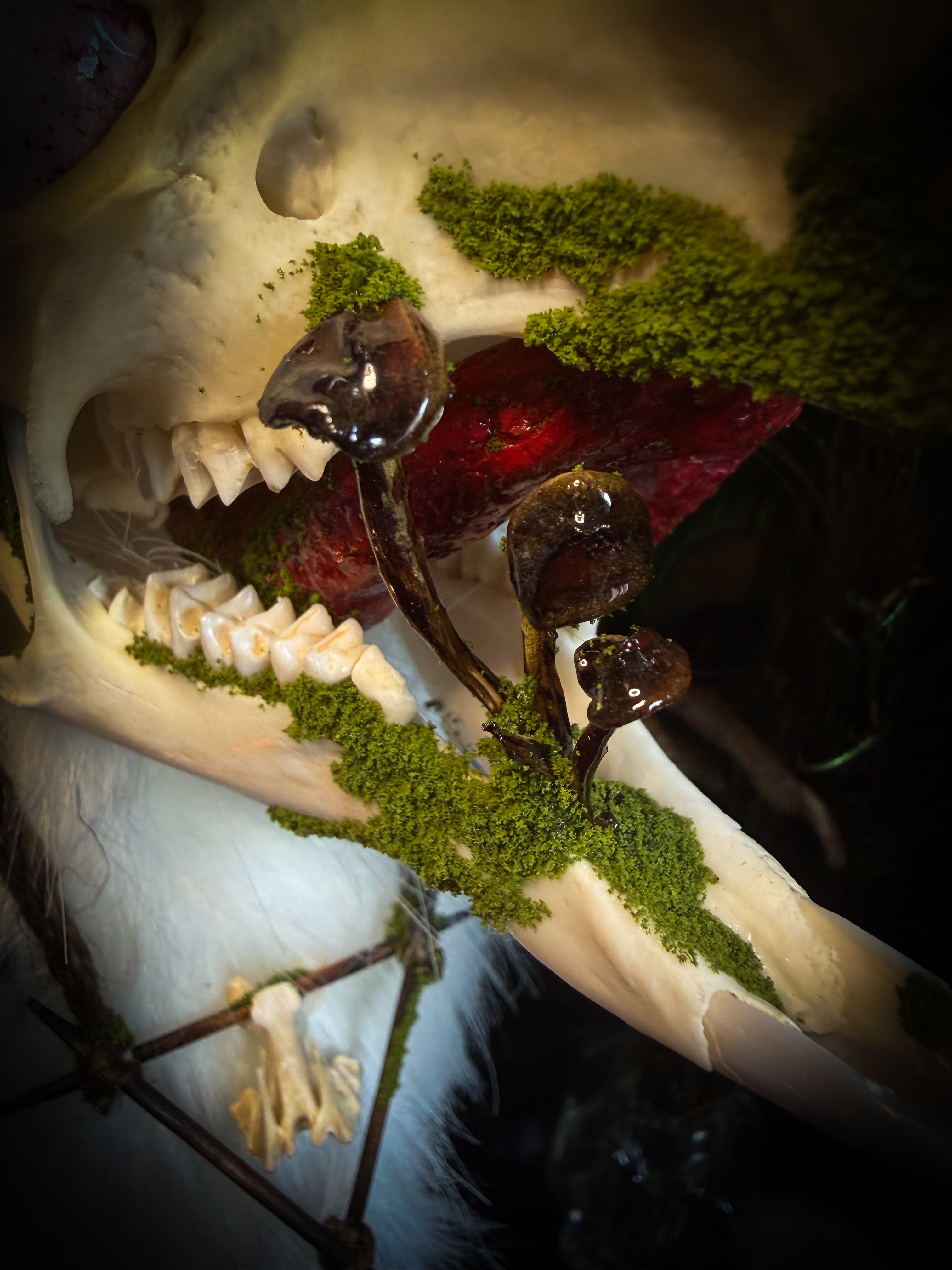 Spiritus Silvae handmade gothic art puppet — full view, suede body with roebuck horns, rabbit ears, bird talons and mushrooms on base
