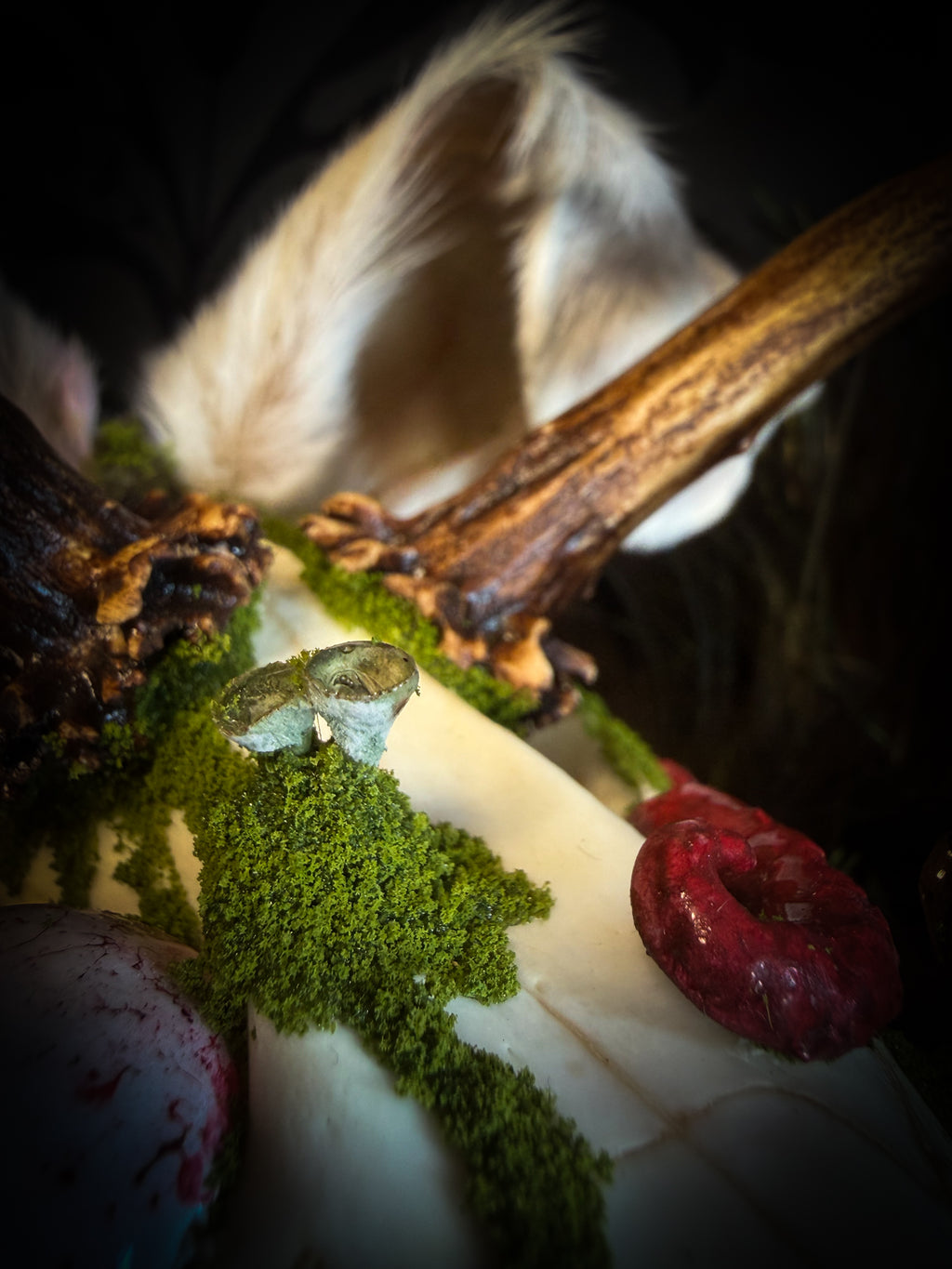 Spiritus Silvae handmade gothic art puppet — full view, suede body with roebuck horns, rabbit ears, bird talons and mushrooms on base