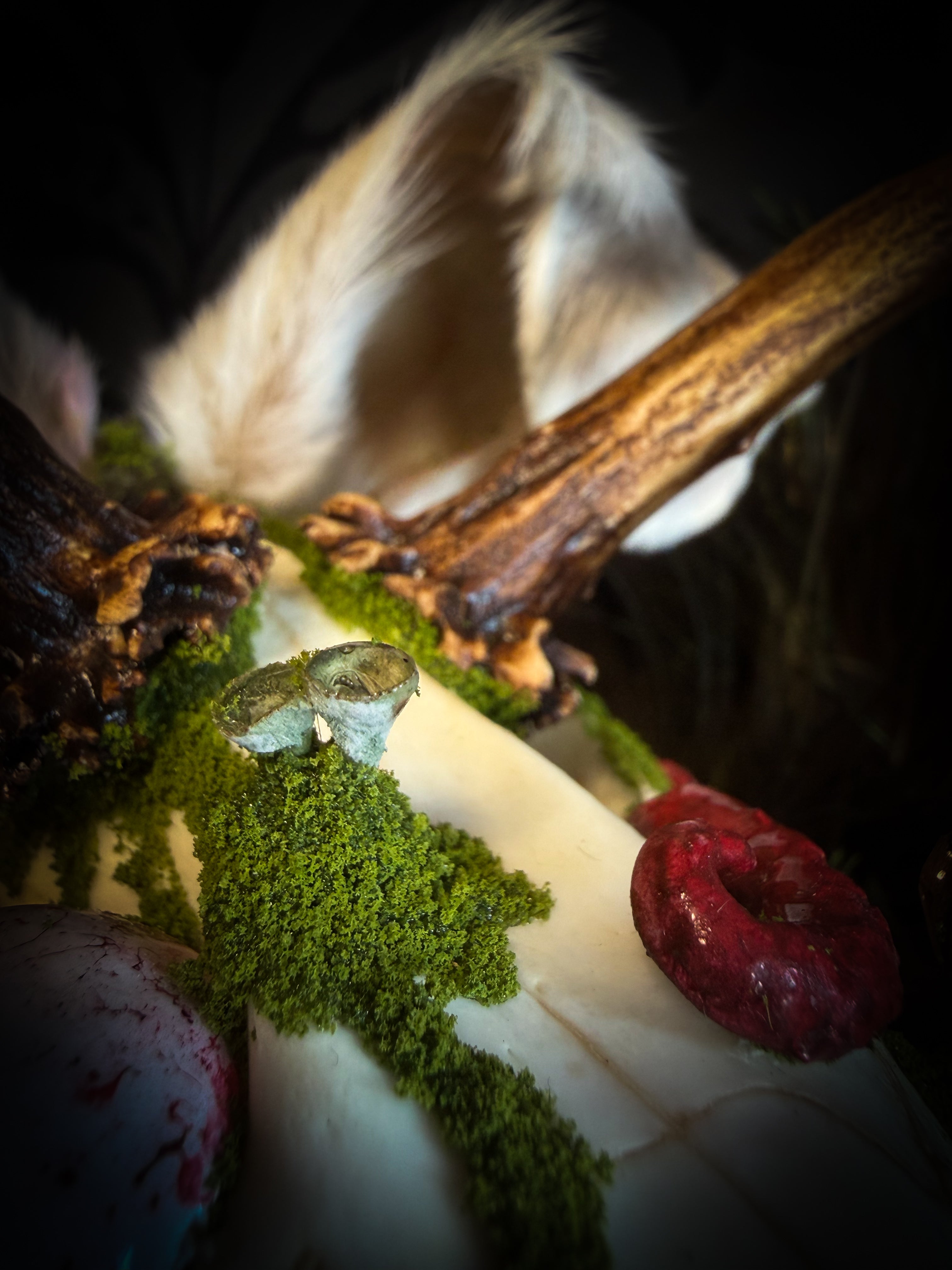 Spiritus Silvae handmade gothic art puppet — full view, suede body with roebuck horns, rabbit ears, bird talons and mushrooms on base