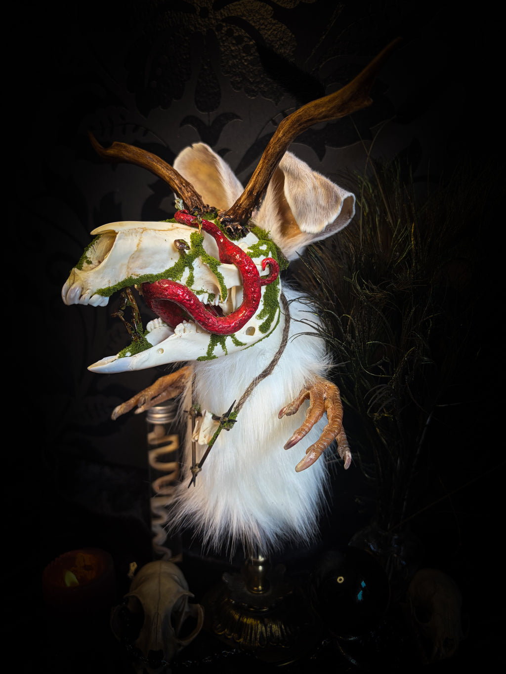 Spiritus Silvae handmade gothic art puppet — full view, suede body with roebuck horns, rabbit ears, bird talons and mushrooms on base