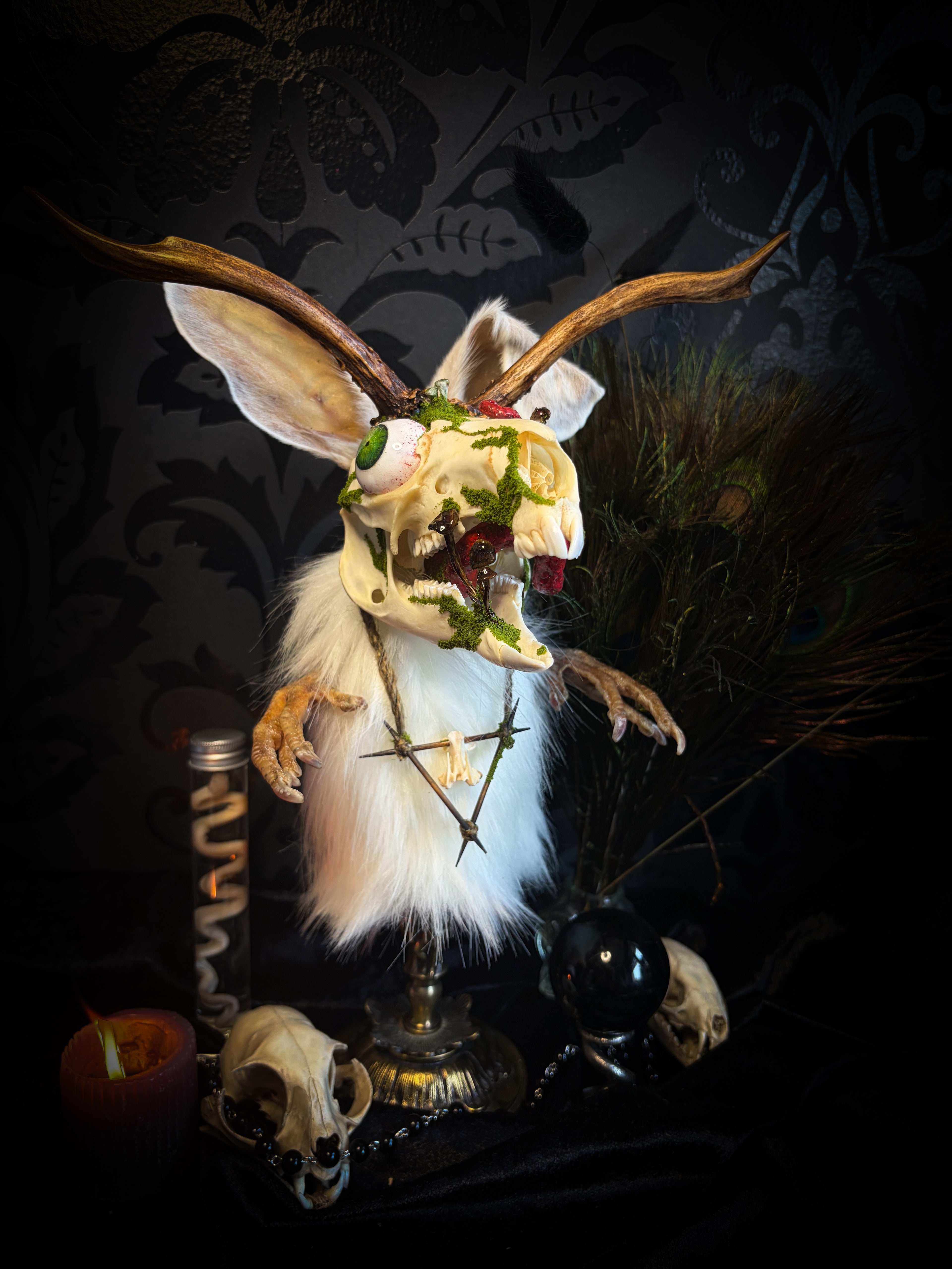 Handmade gothic art puppet — forest spirit with roebuck horns, rabbit ears, bird talons and glass eye, one-of-a-kind Silent Companion by Morbid Oddities