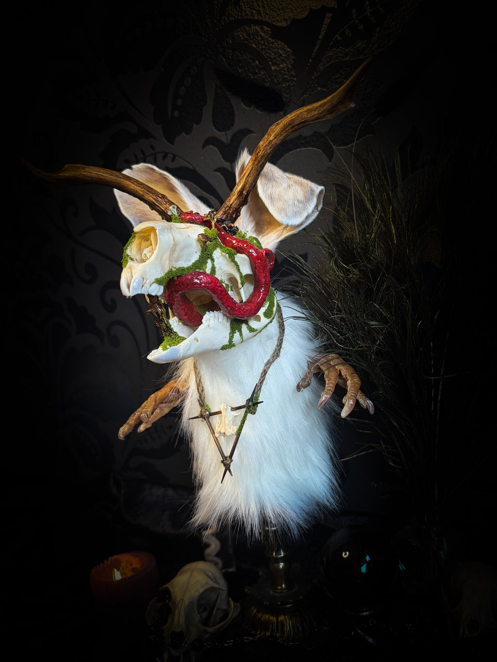 Spiritus Silvae handmade gothic art puppet — full view, suede body with roebuck horns, rabbit ears, bird talons and mushrooms on base