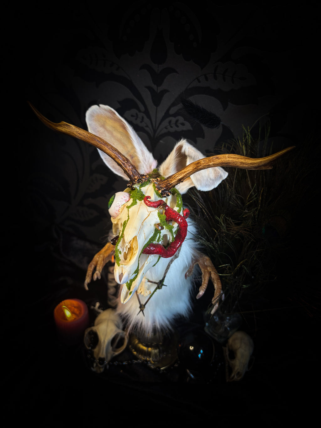 Spiritus Silvae handmade gothic art puppet — full view, suede body with roebuck horns, rabbit ears, bird talons and mushrooms on base