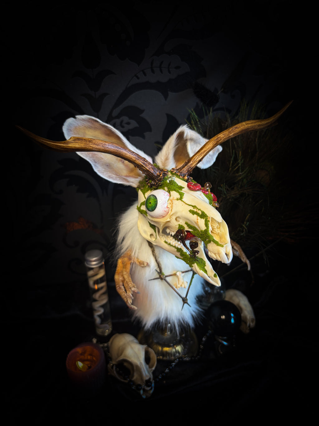 Spiritus Silvae handmade gothic art puppet — full view, suede body with roebuck horns, rabbit ears, bird talons and mushrooms on base