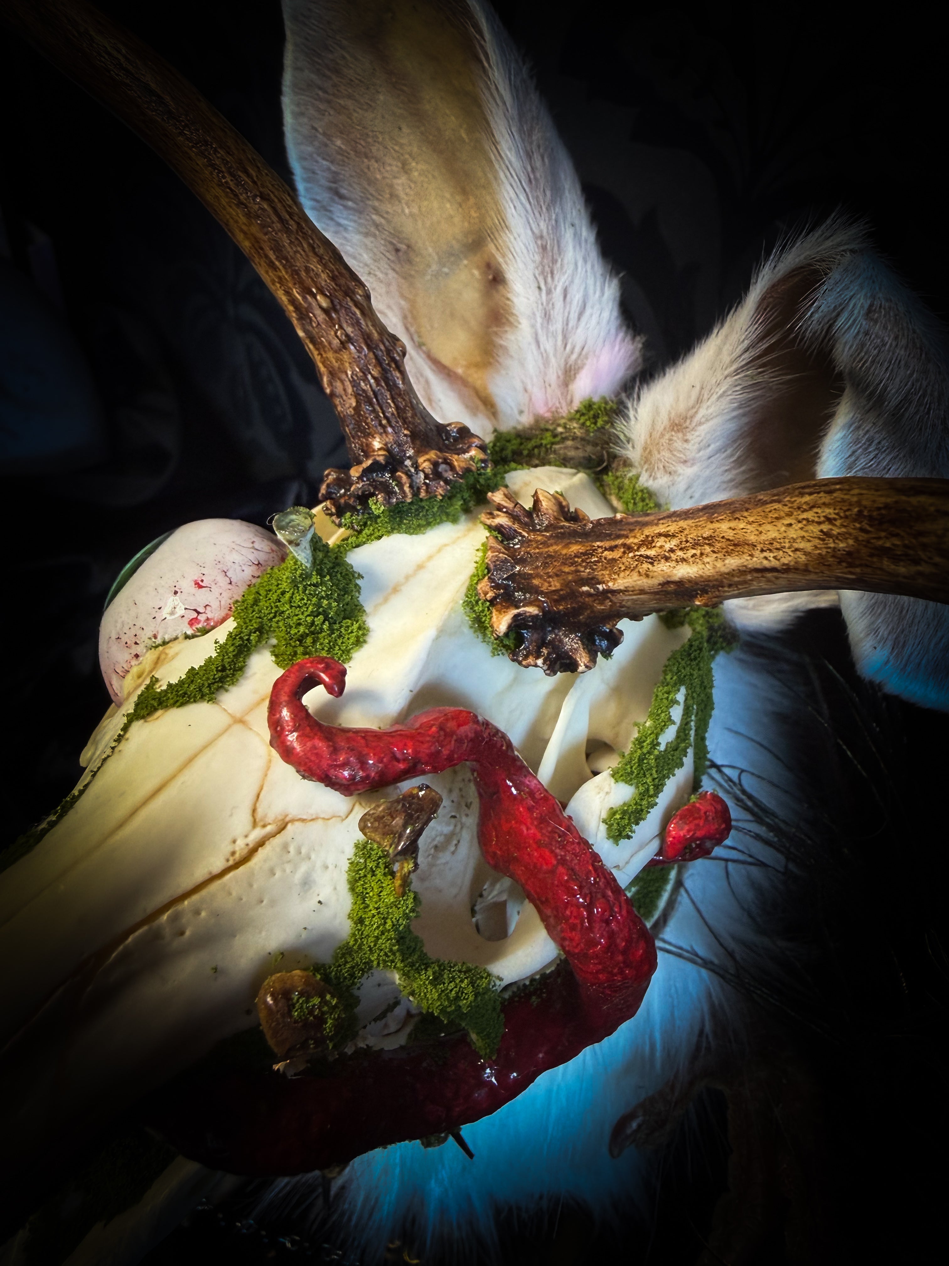 Spiritus Silvae handmade gothic art puppet — full view, suede body with roebuck horns, rabbit ears, bird talons and mushrooms on base