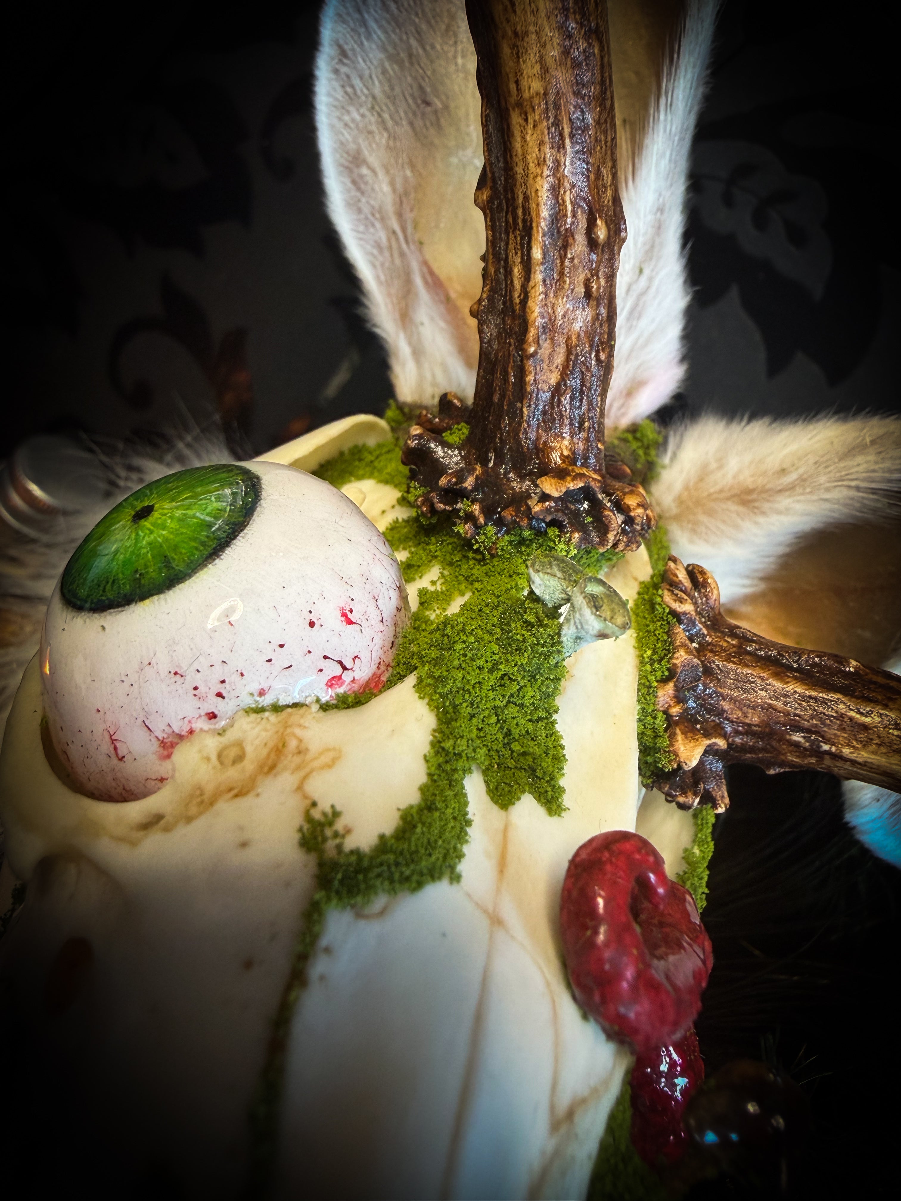 Spiritus Silvae handmade gothic art puppet — full view, suede body with roebuck horns, rabbit ears, bird talons and mushrooms on base