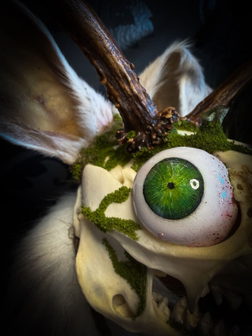 Spiritus Silvae handmade gothic art puppet — full view, suede body with roebuck horns, rabbit ears, bird talons and mushrooms on base