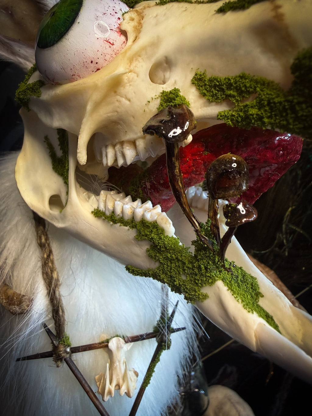 Spiritus Silvae handmade gothic art puppet — full view, suede body with roebuck horns, rabbit ears, bird talons and mushrooms on base