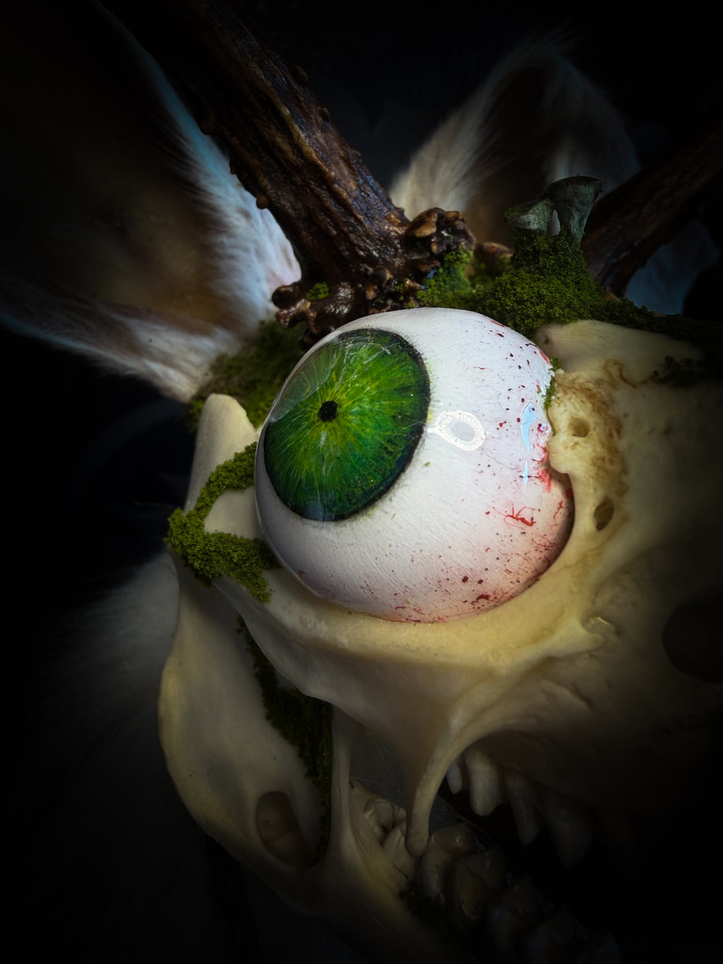 Spiritus Silvae handmade gothic art puppet — full view, suede body with roebuck horns, rabbit ears, bird talons and mushrooms on base