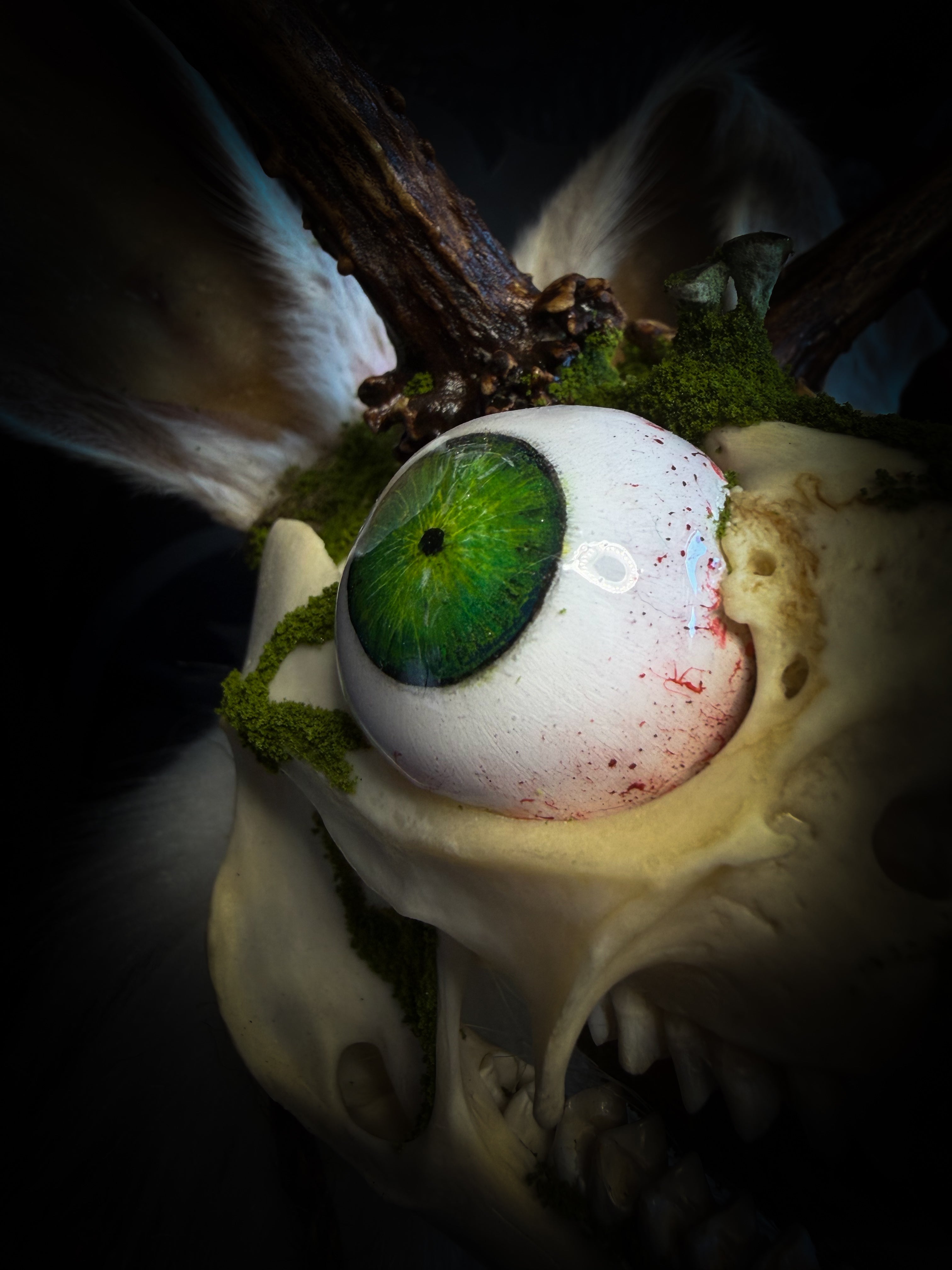 Spiritus Silvae handmade gothic art puppet — full view, suede body with roebuck horns, rabbit ears, bird talons and mushrooms on base