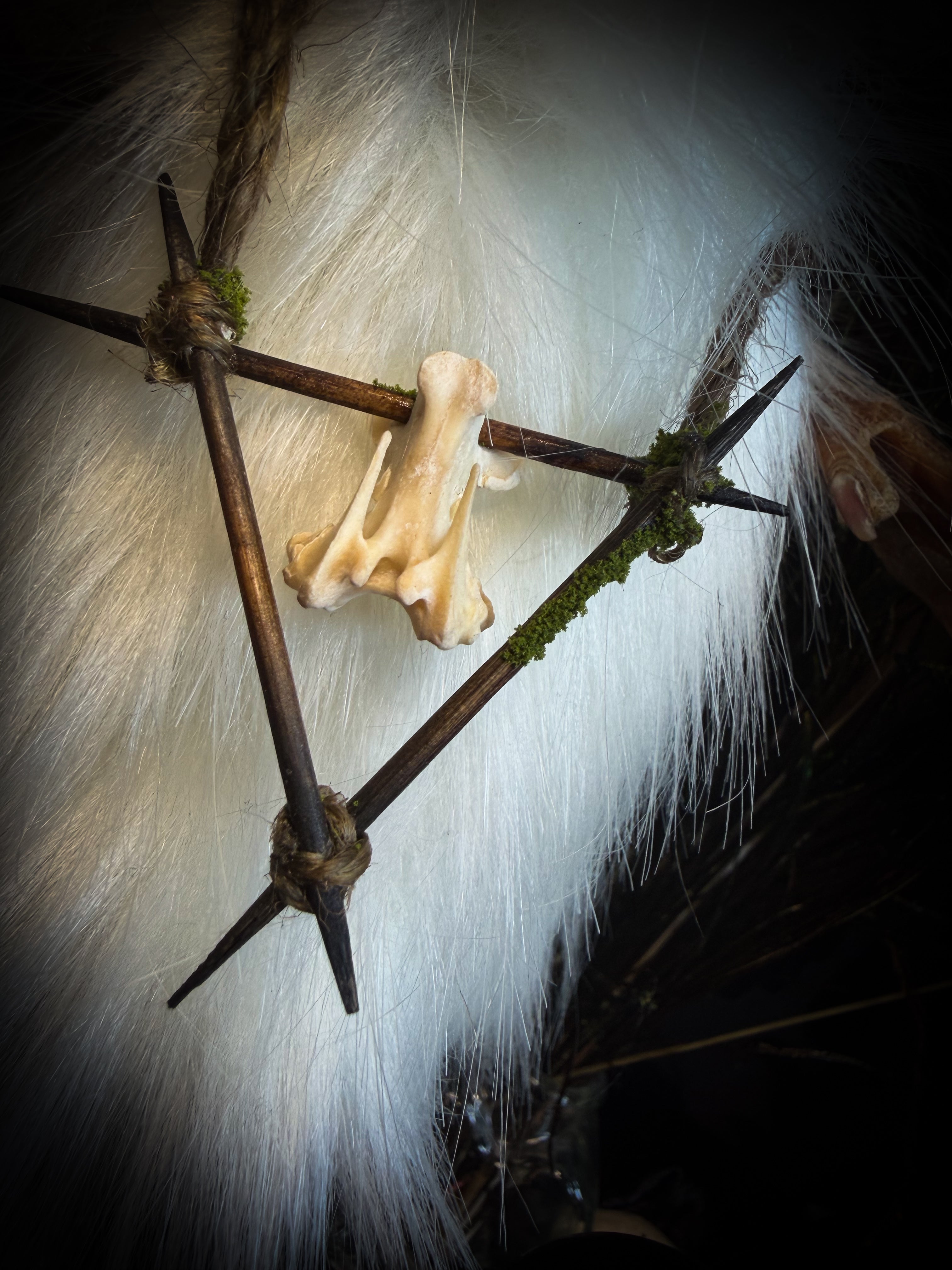 Spiritus Silvae handmade gothic art puppet — full view, suede body with roebuck horns, rabbit ears, bird talons and mushrooms on base