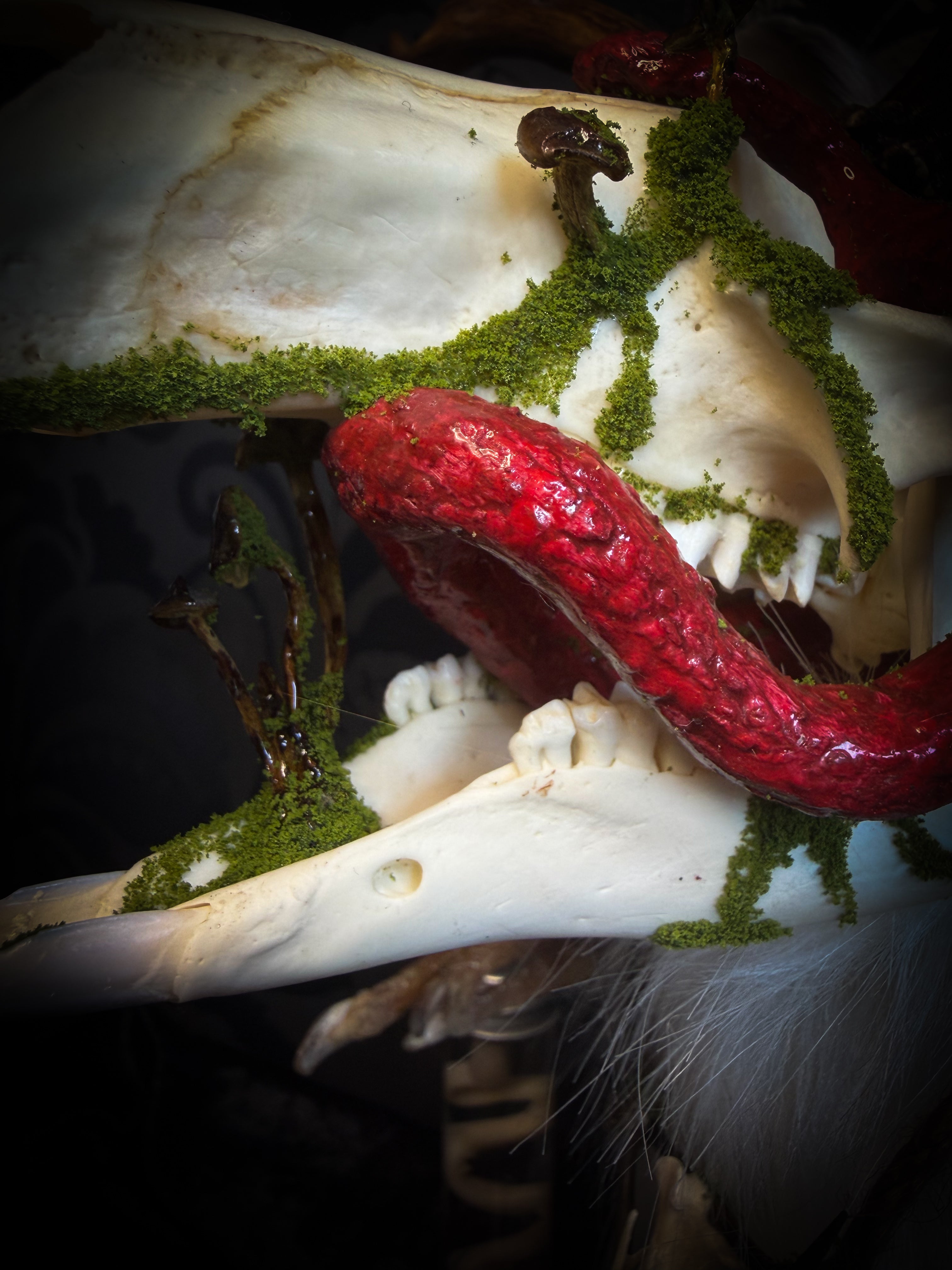 Spiritus Silvae handmade gothic art puppet — full view, suede body with roebuck horns, rabbit ears, bird talons and mushrooms on base