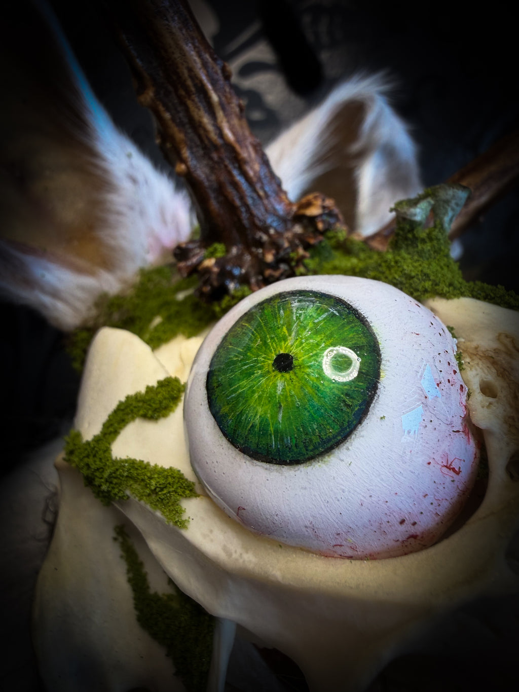 Spiritus Silvae handmade gothic art puppet — full view, suede body with roebuck horns, rabbit ears, bird talons and mushrooms on base