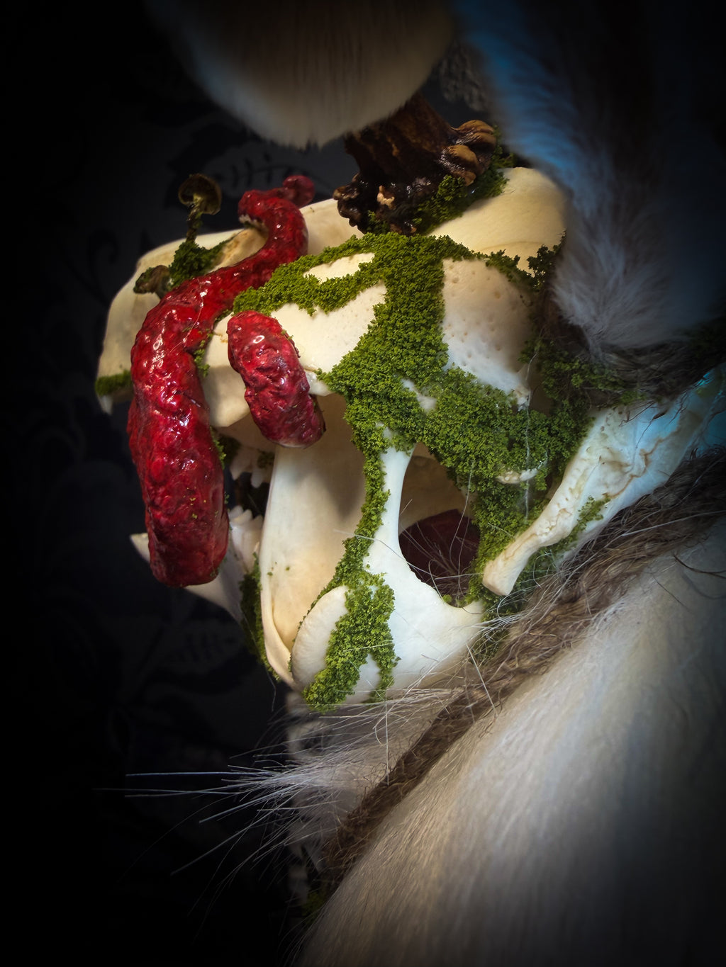 Spiritus Silvae handmade gothic art puppet — full view, suede body with roebuck horns, rabbit ears, bird talons and mushrooms on base