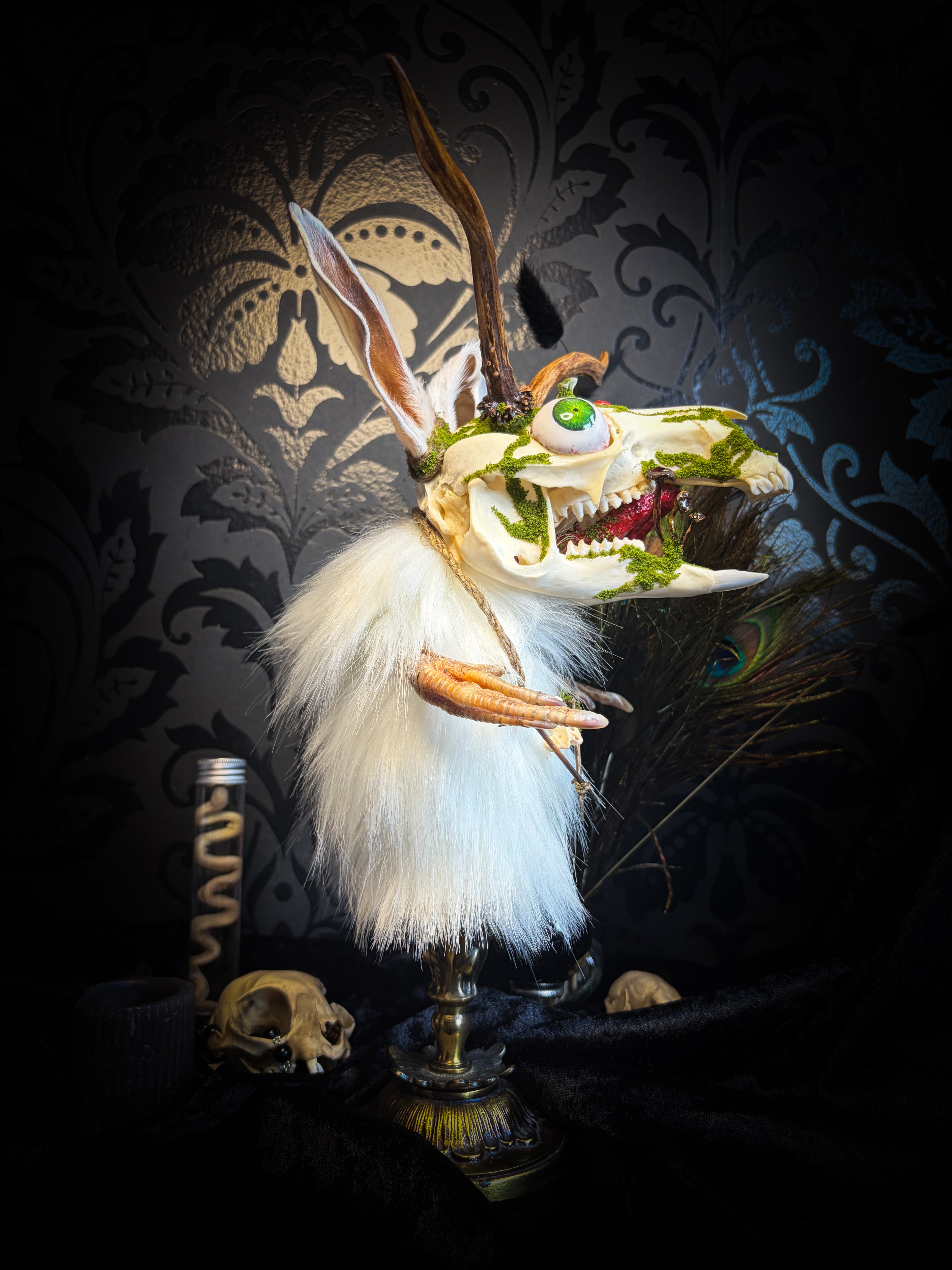 Spiritus Silvae handmade gothic art puppet — full view, suede body with roebuck horns, rabbit ears, bird talons and mushrooms on base