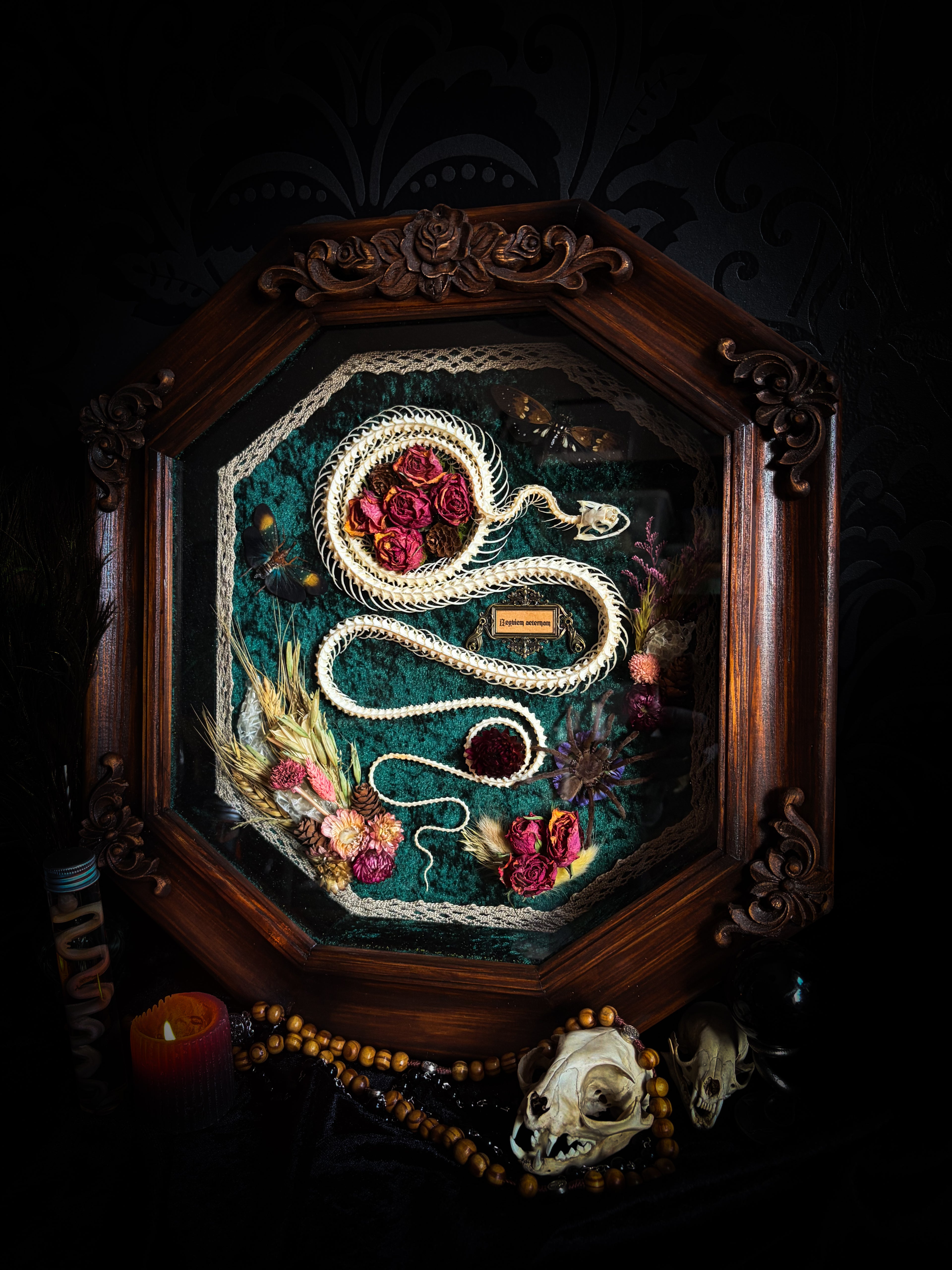 Decorative framed artwork with embroidered design and natural elements on a dark background Requiem Aeternam — handmade gothic shadowbox with articulated snake skeleton, preserved tarantula, cicadas and florals on deep forest-green velvet | Morbid Oddities

