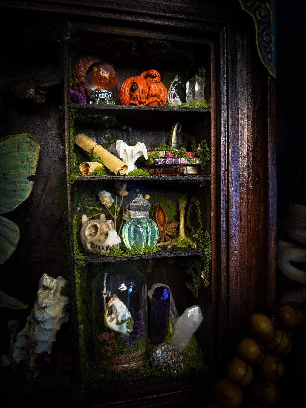 The Librarian | handmade whimsical witch's library shadowbox with Actias luna moth, miniature shelves, crystals, skulls, spell books and curiosities, dark wood frame with green velvet | Morbid Oddities
