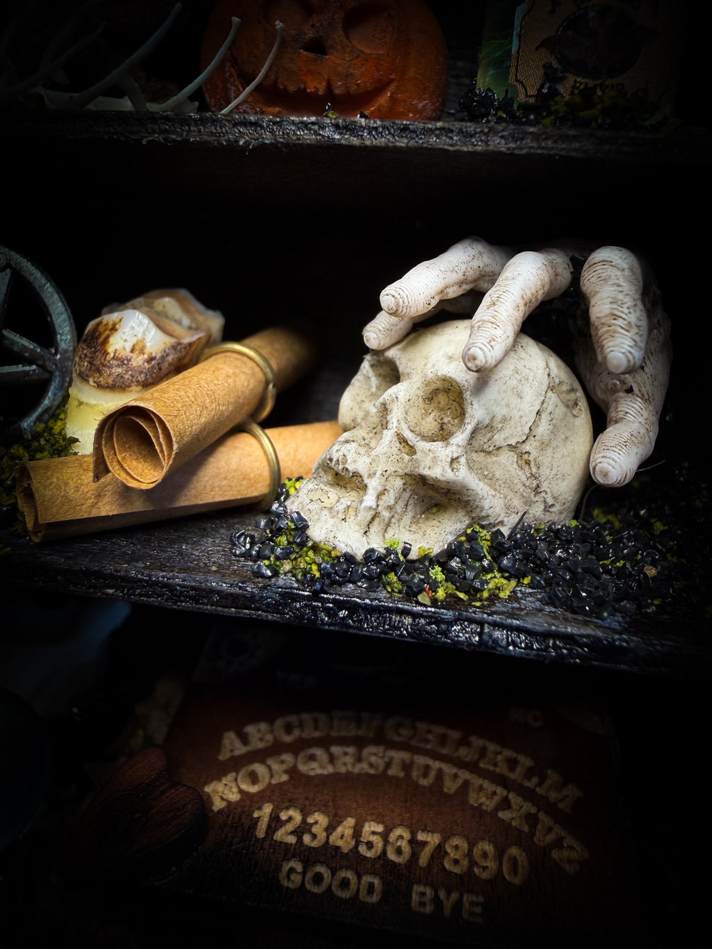 The Curator | handmade witchy shadowbox with real tarantula, ouija board, pentagram, skulls, spell books, glass dome and curiosities, dark wood frame with black velvet | Morbid Oddities
