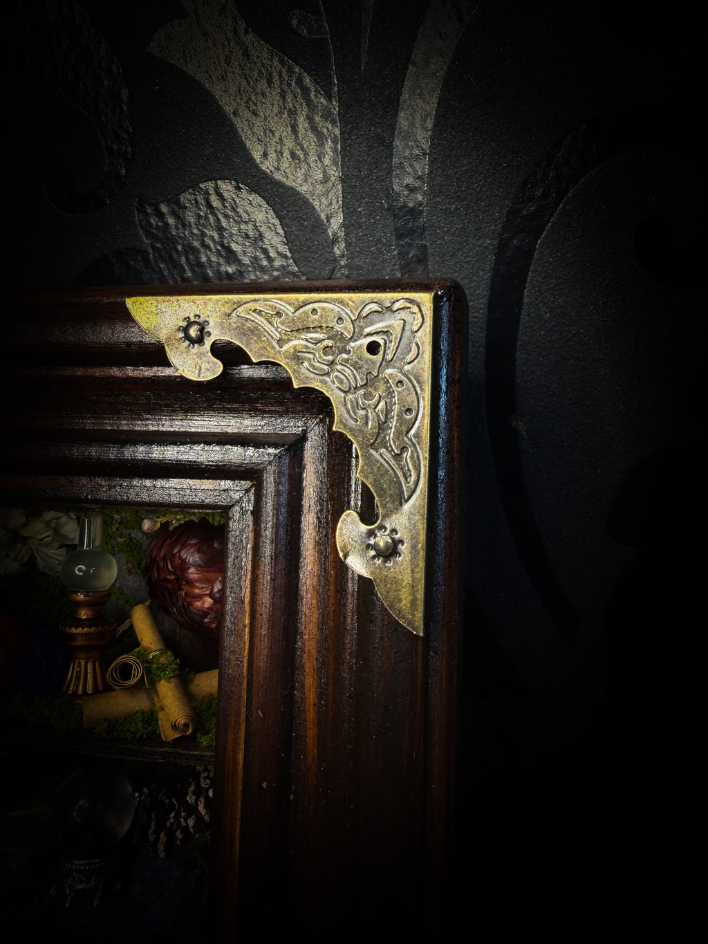 The Alchemist | handmade witchy shadowbox with Actias luna moth, green crystals, snake skin bottle, glass dome, oil lamp and curiosities, dark wood frame with brown velvet and moth corner brackets | Morbid Oddities
