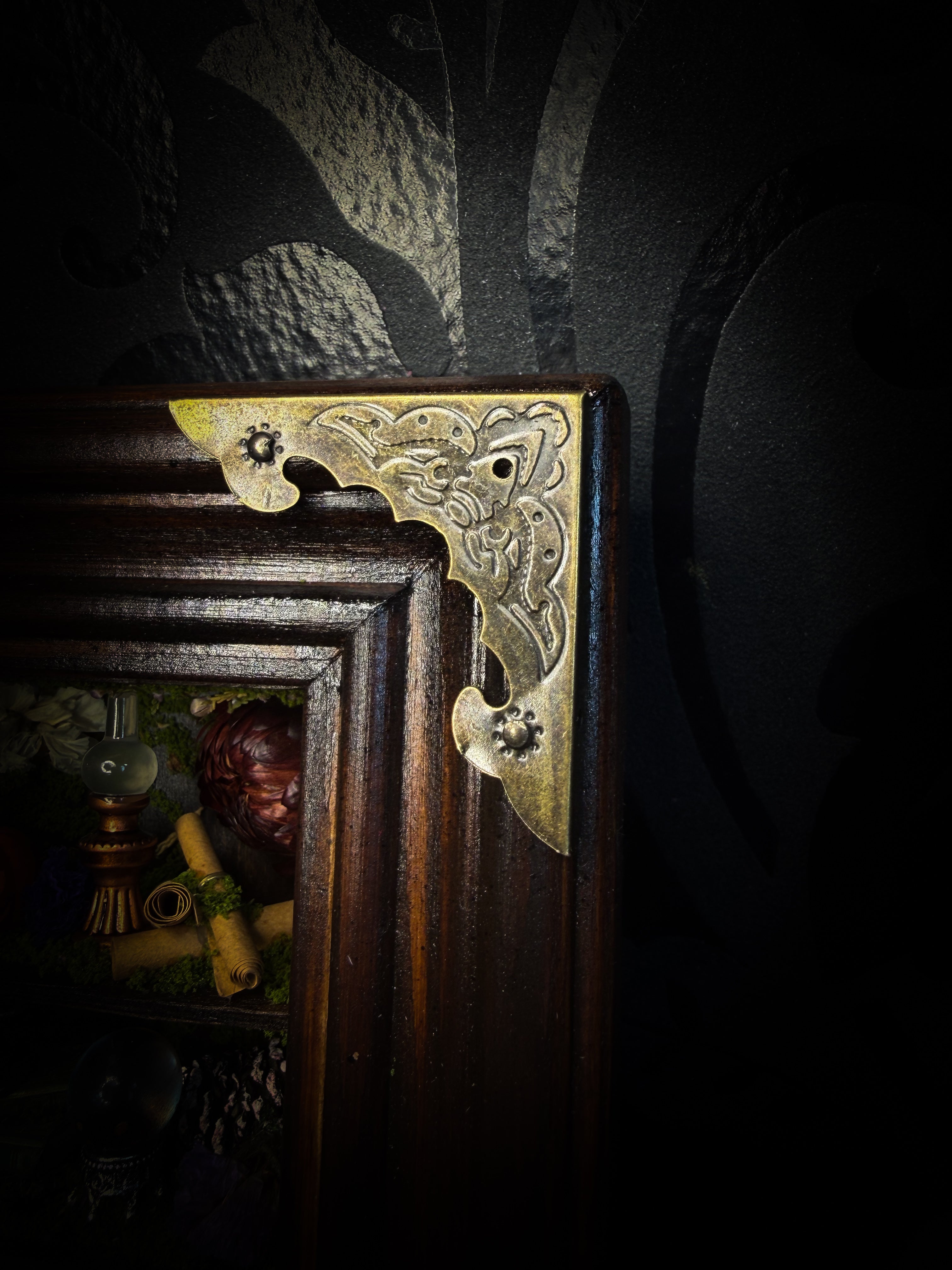 The Alchemist | handmade witchy shadowbox with Actias luna moth, green crystals, snake skin bottle, glass dome, oil lamp and curiosities, dark wood frame with brown velvet and moth corner brackets | Morbid Oddities
