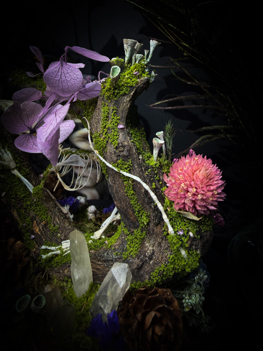 The Bumblebee's Garden | handmade whimsical glass dome with real bumblebee, mouse skeleton, moss, pine cones, mushrooms, pink violet and white dried flowers | Morbid Oddities
