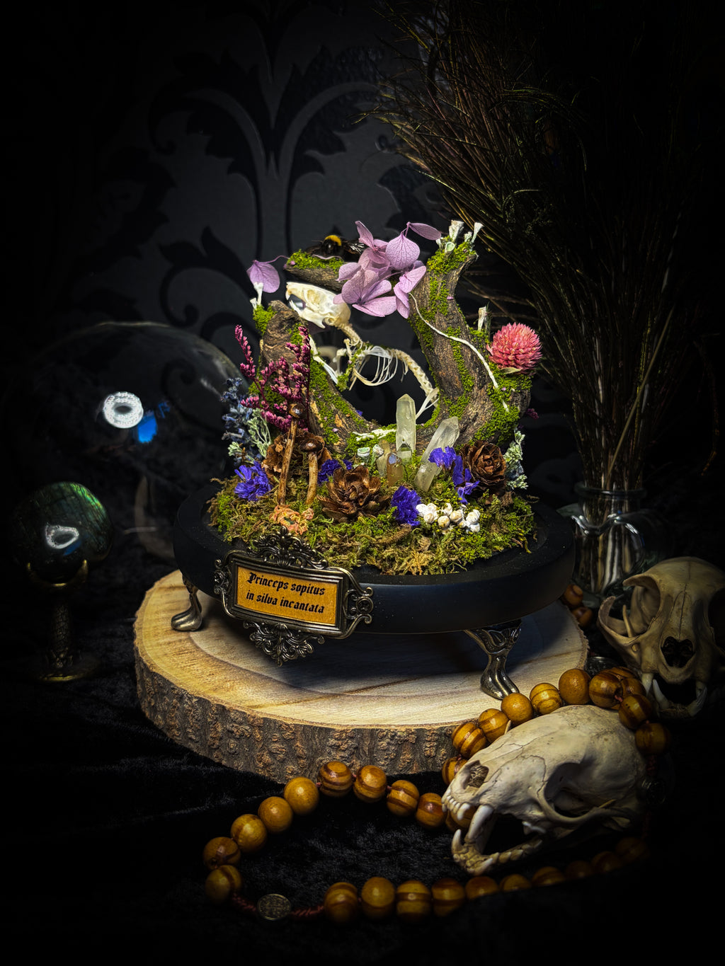 The Bumblebee's Garden | handmade whimsical glass dome with real bumblebee, mouse skeleton, moss, pine cones, mushrooms, pink violet and white dried flowers | Morbid Oddities
