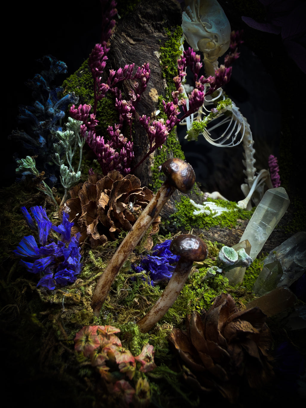 The Bumblebee's Garden | handmade whimsical glass dome with real bumblebee, mouse skeleton, moss, pine cones, mushrooms, pink violet and white dried flowers | Morbid Oddities

