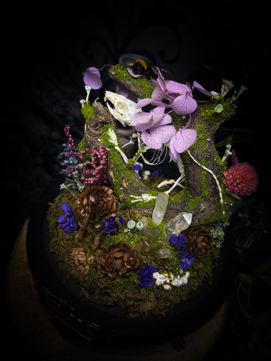 The Bumblebee's Garden | handmade whimsical glass dome with real bumblebee, mouse skeleton, moss, pine cones, mushrooms, pink violet and white dried flowers | Morbid Oddities

