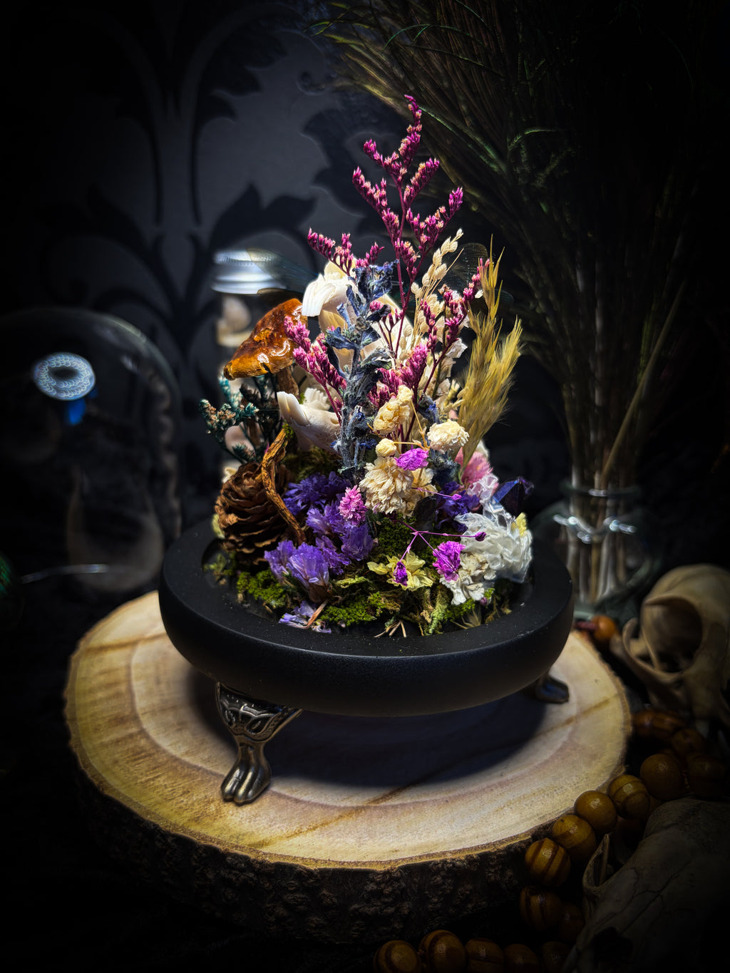 Arcana Prati Silvestris | handmade woodland glass dome with real rabbit skull, Calopteryx splendens dragonfly, snake skin, moss, lichen, dried flowers, dew-drop mushrooms and wooden base | Morbid Oddities
